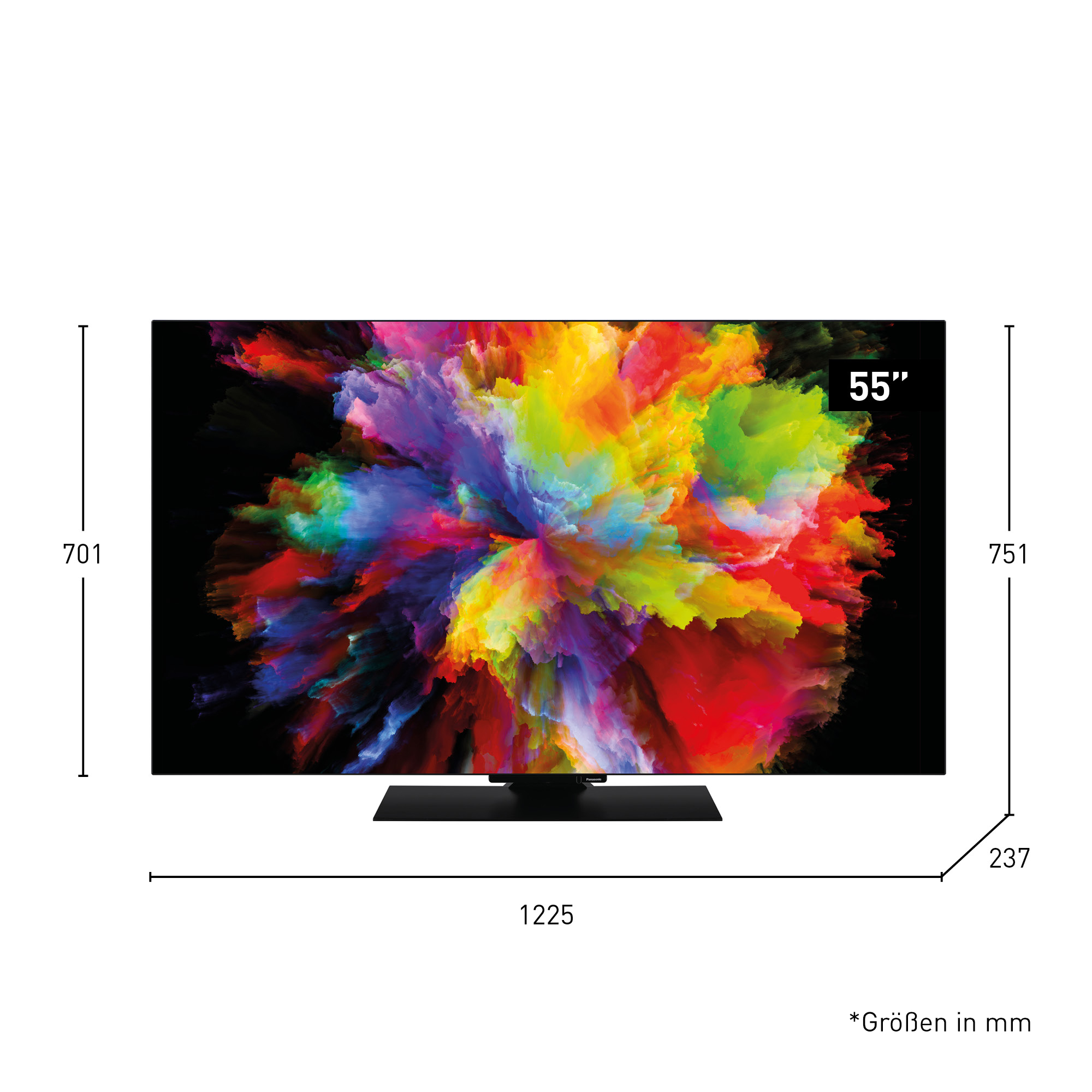 55-calowy telewizor wyświetla kolorową sztukę abstrakcyjną. Czarny stojak i rama. Wymiary są wyświetlane wokół telewizora.