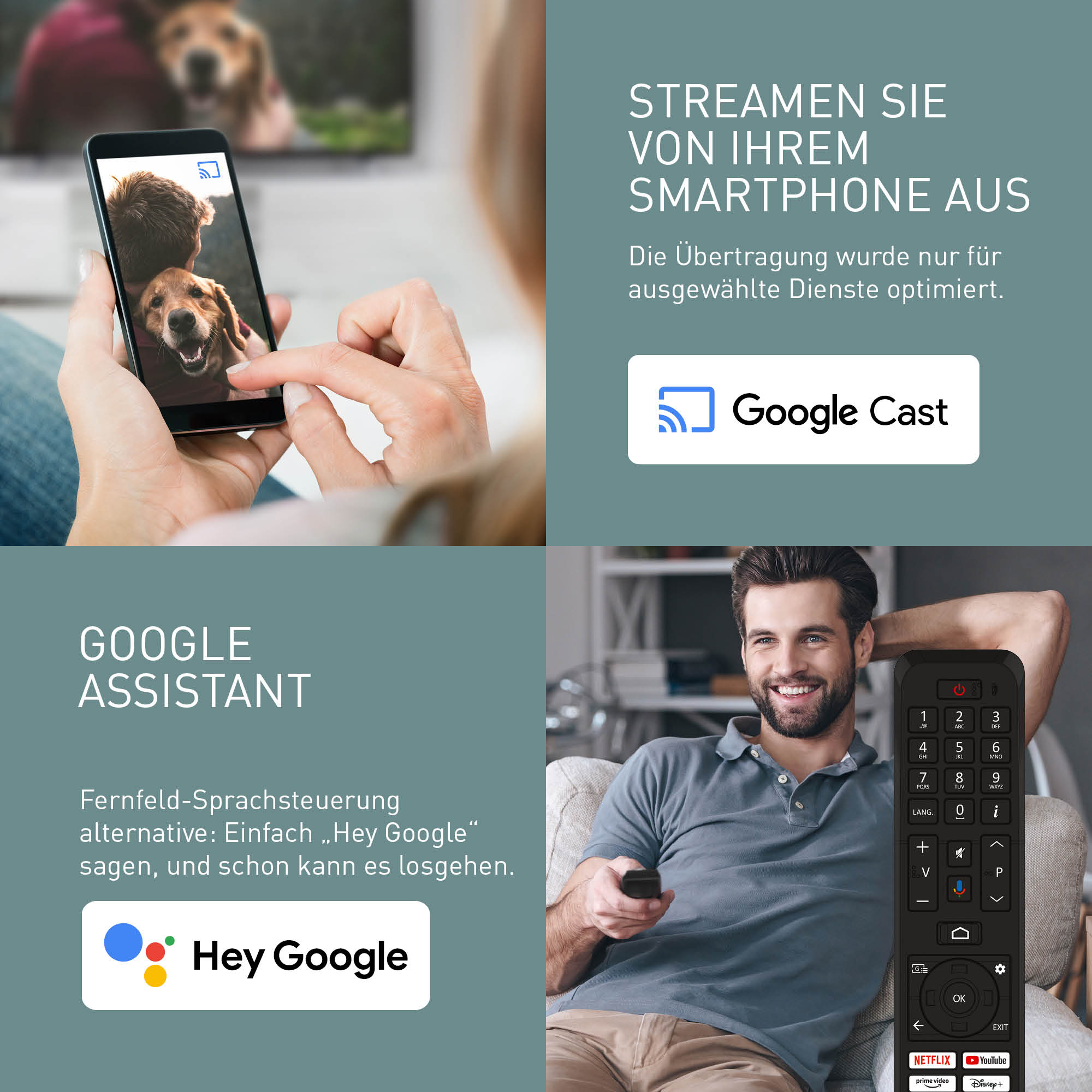 Osoba trzymająca telefon z psem. Mężczyzna trzyma pilota. Loga Google Cast, Hey Google.