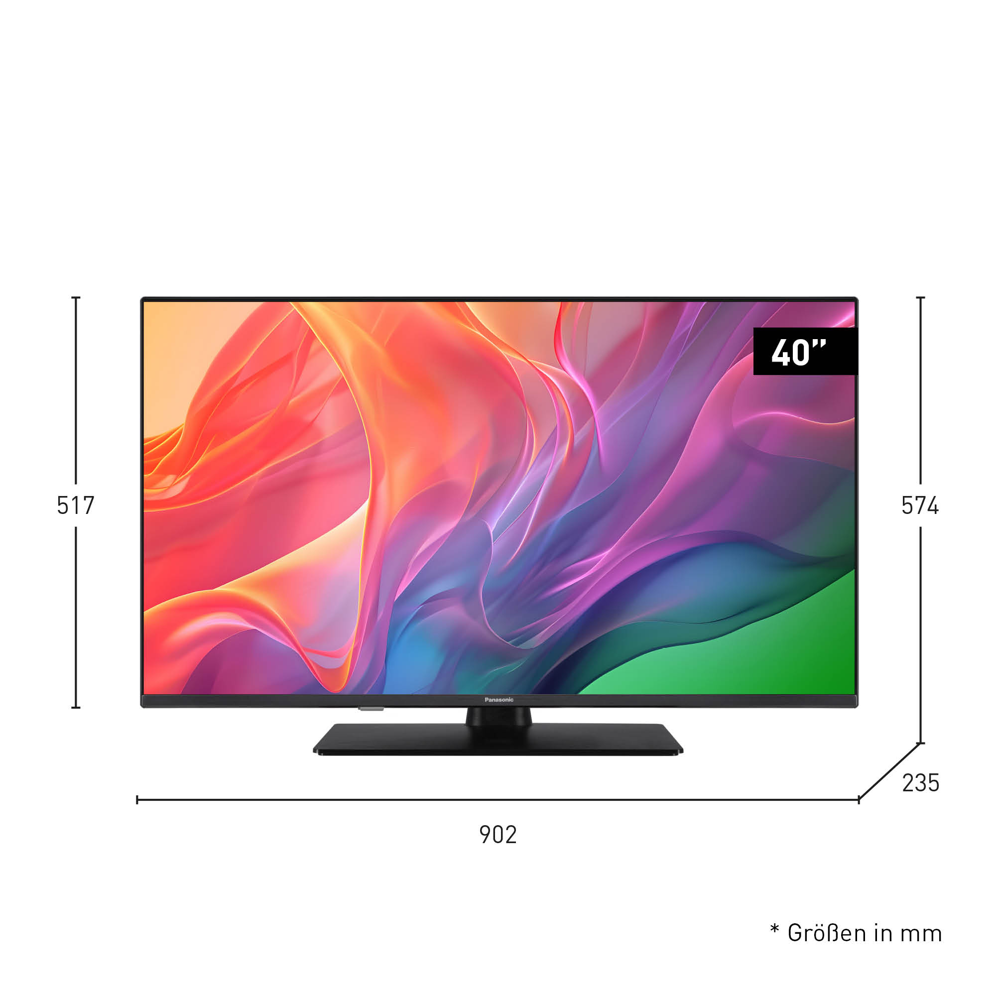 Ein 40-Zoll-Panasonic-Fernseher. Der Bildschirm zeigt bunte abstrakte Kunst. Maße sind in mm angegeben.