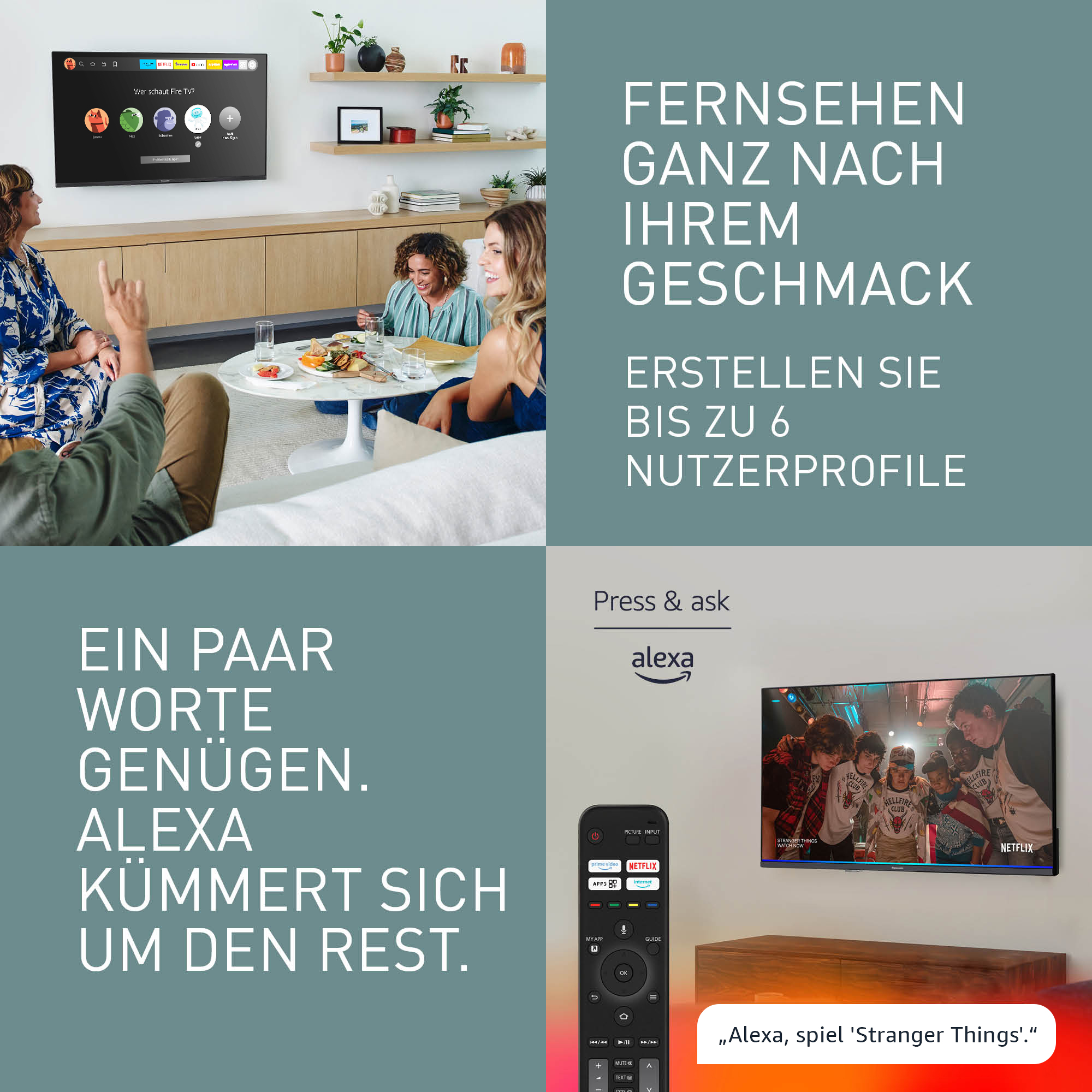 Menschen um einen Fernseher, eine Fernbedienung und Text. Der Fernseher zeigt eine Szene aus 'Stranger Things'.
