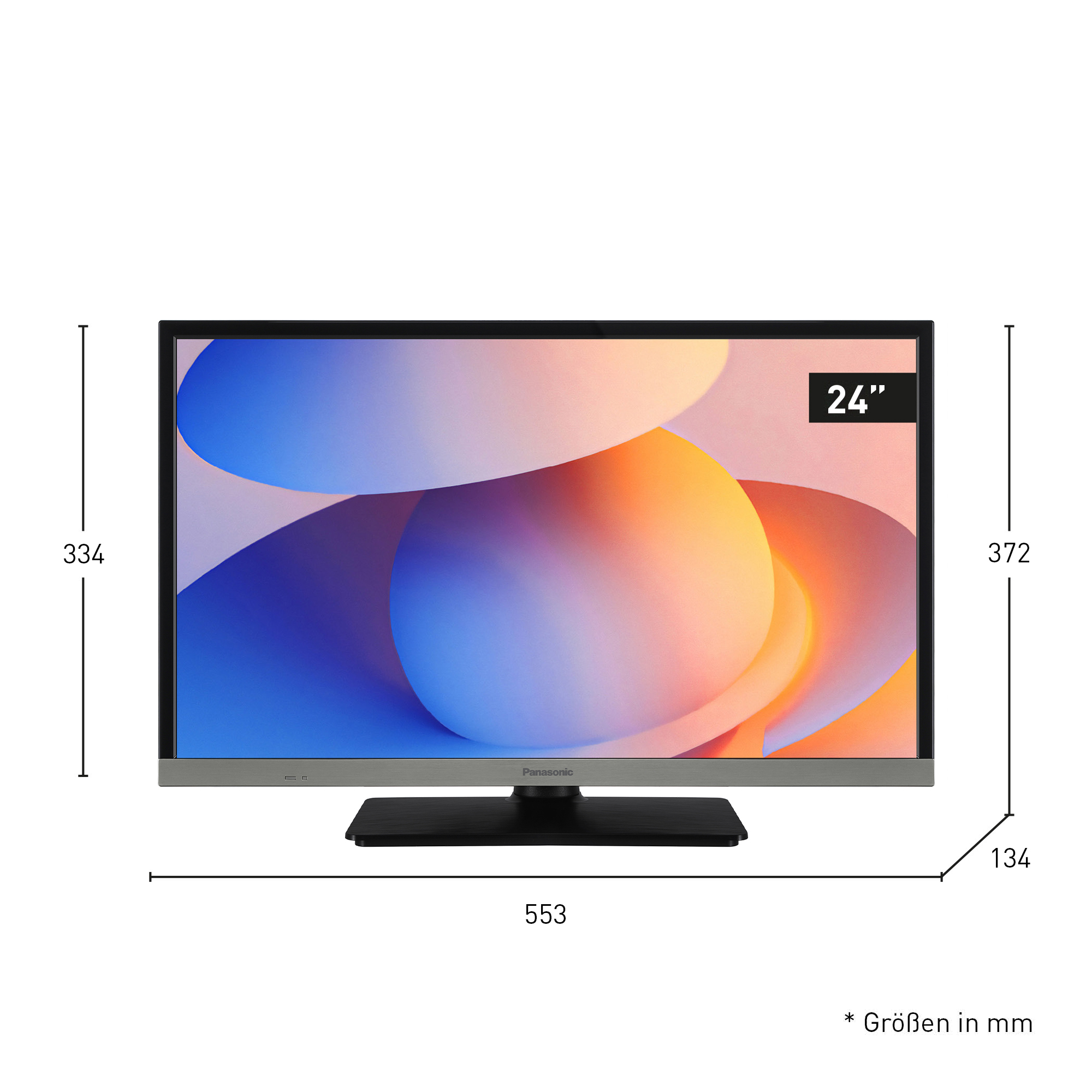 24-calowy telewizor Panasonic z kolorowym abstrakcyjnym wyświetlaczem. Wymiary są wskazane wokół telewizora. Stojak jest czarny.