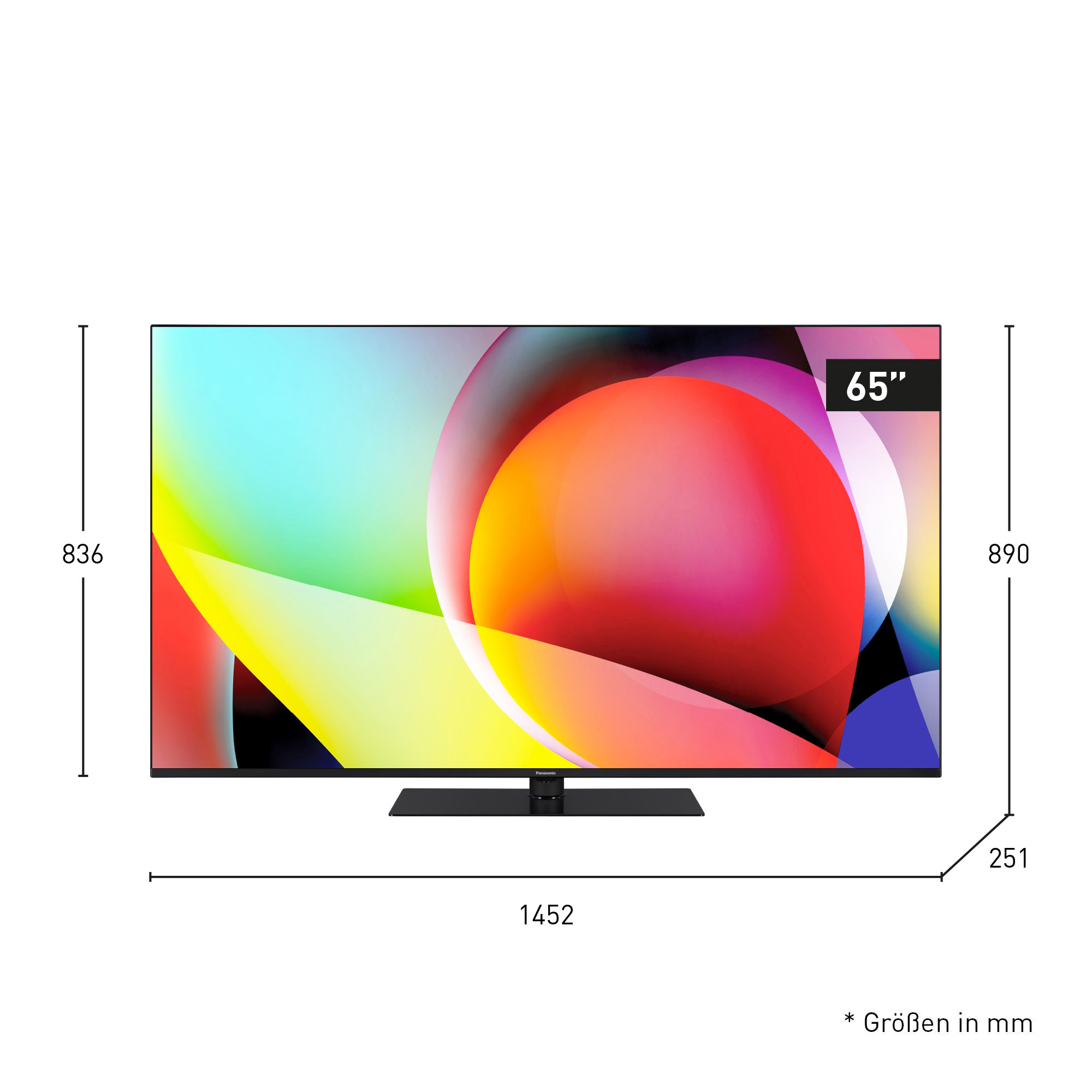 Una TV Panasonic da 65 pollici. Mostra un design astratto colorato. Dimensioni con misure in mm.