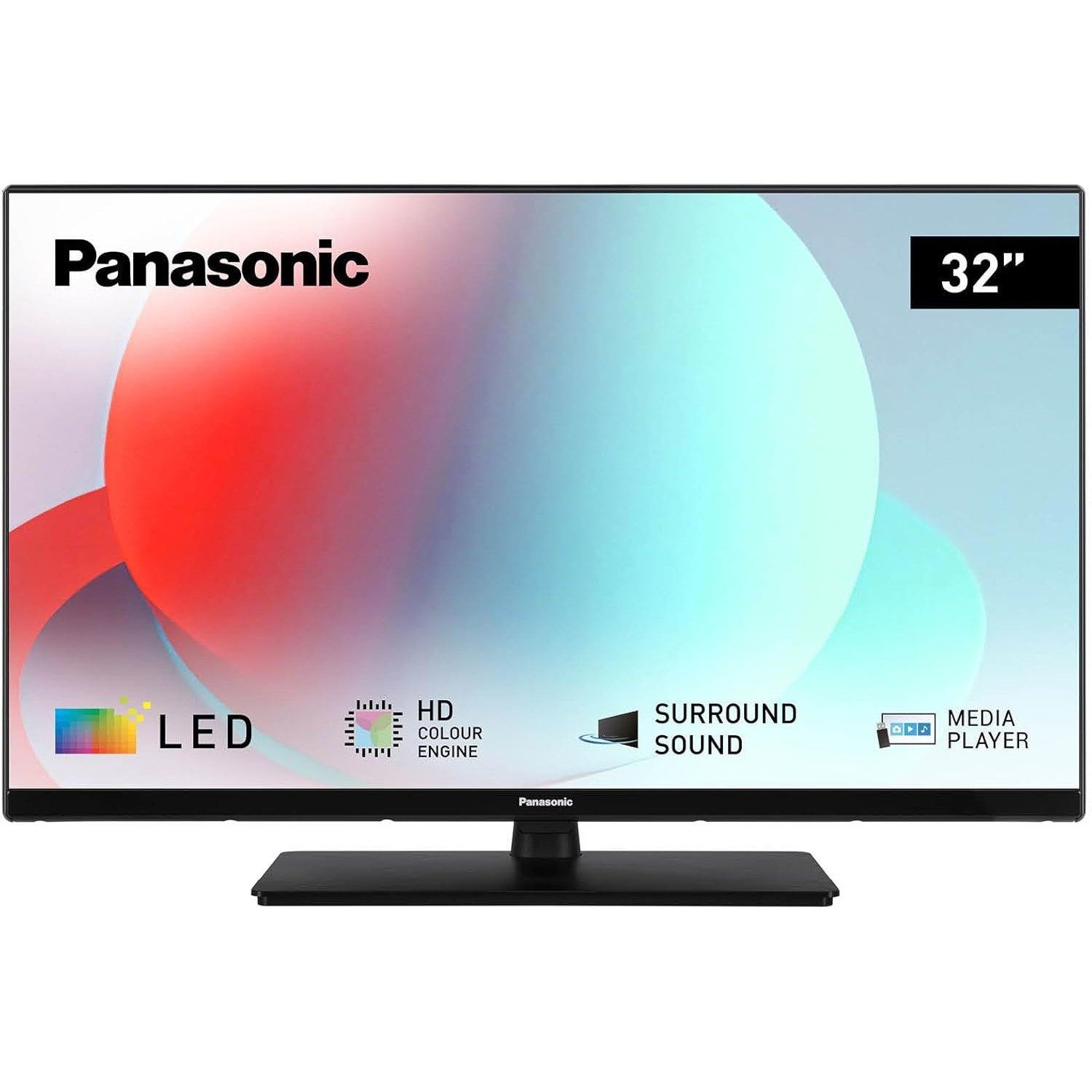Un televisore LED Panasonic da 32 pollici. Lo schermo mostra una sfumatura colorata. Include HD, audio surround e media player.