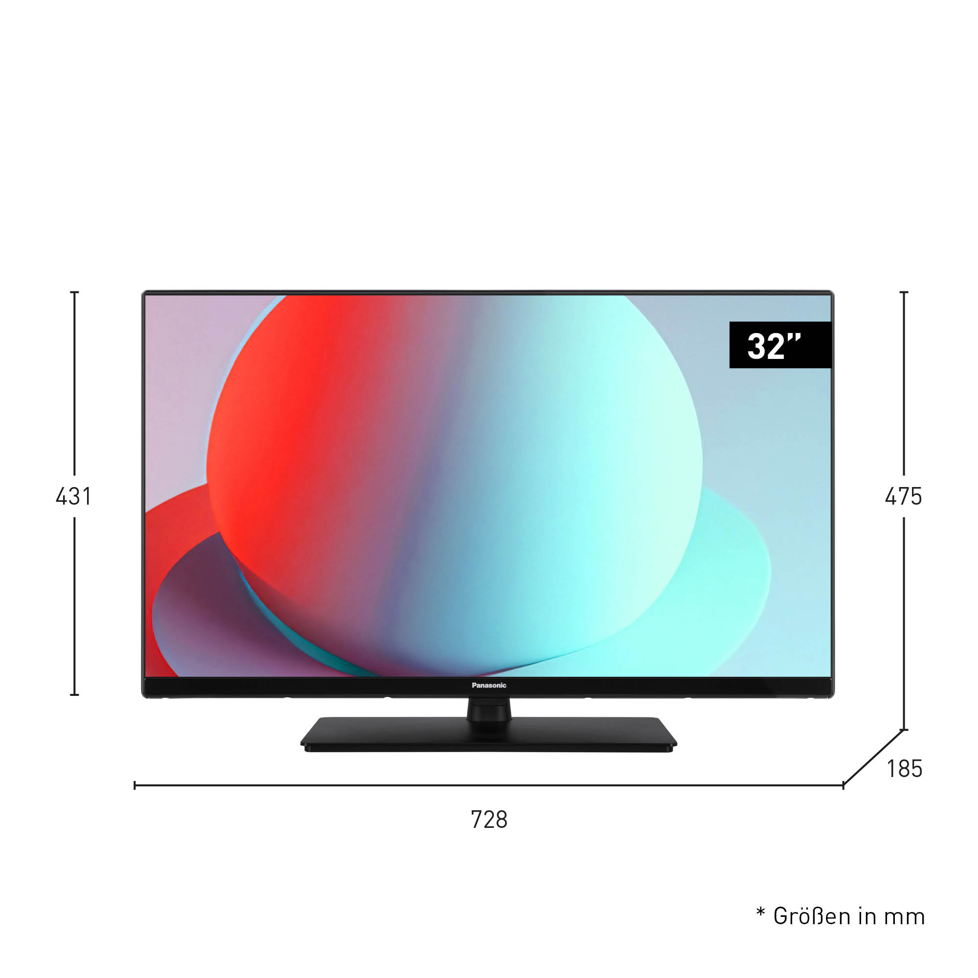 Un televisore Panasonic da 32 pollici. Lo schermo mostra un design astratto colorato. Le dimensioni sono indicate in mm. Supporto nero.