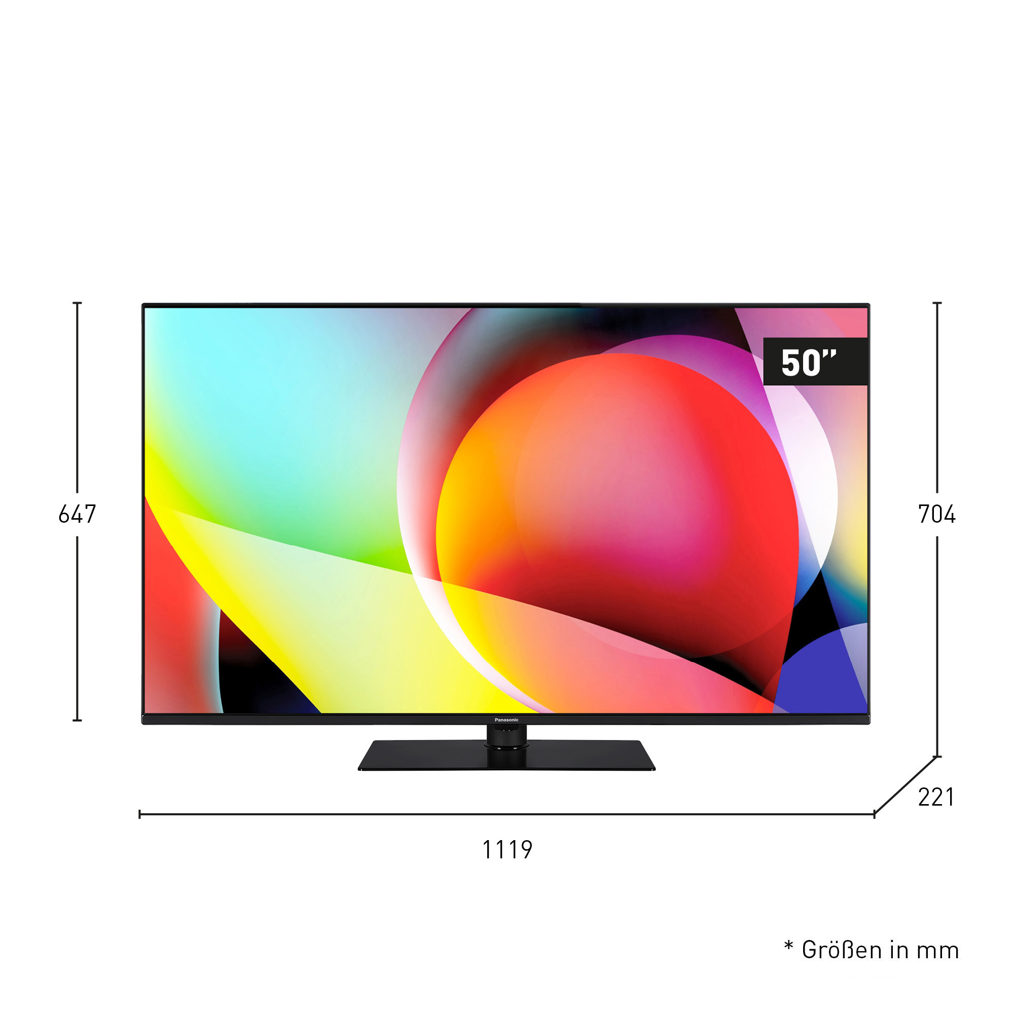 Un televisore Panasonic da 50 pollici con display astratto colorato. Sono indicate le dimensioni. Il televisore è su sfondo bianco.