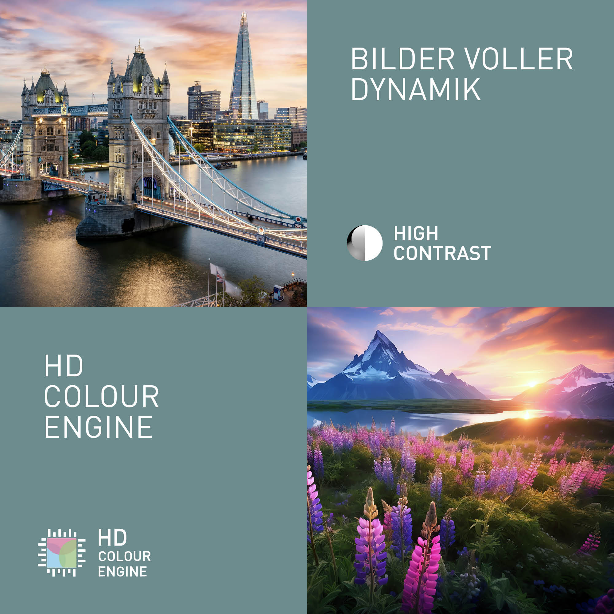 Most Tower Bridge w Londynie o zachodzie słońca, krajobraz miejski, niebo, woda i nakładki tekstowe z 'HD Colour Engine' i 'High Contrast'.