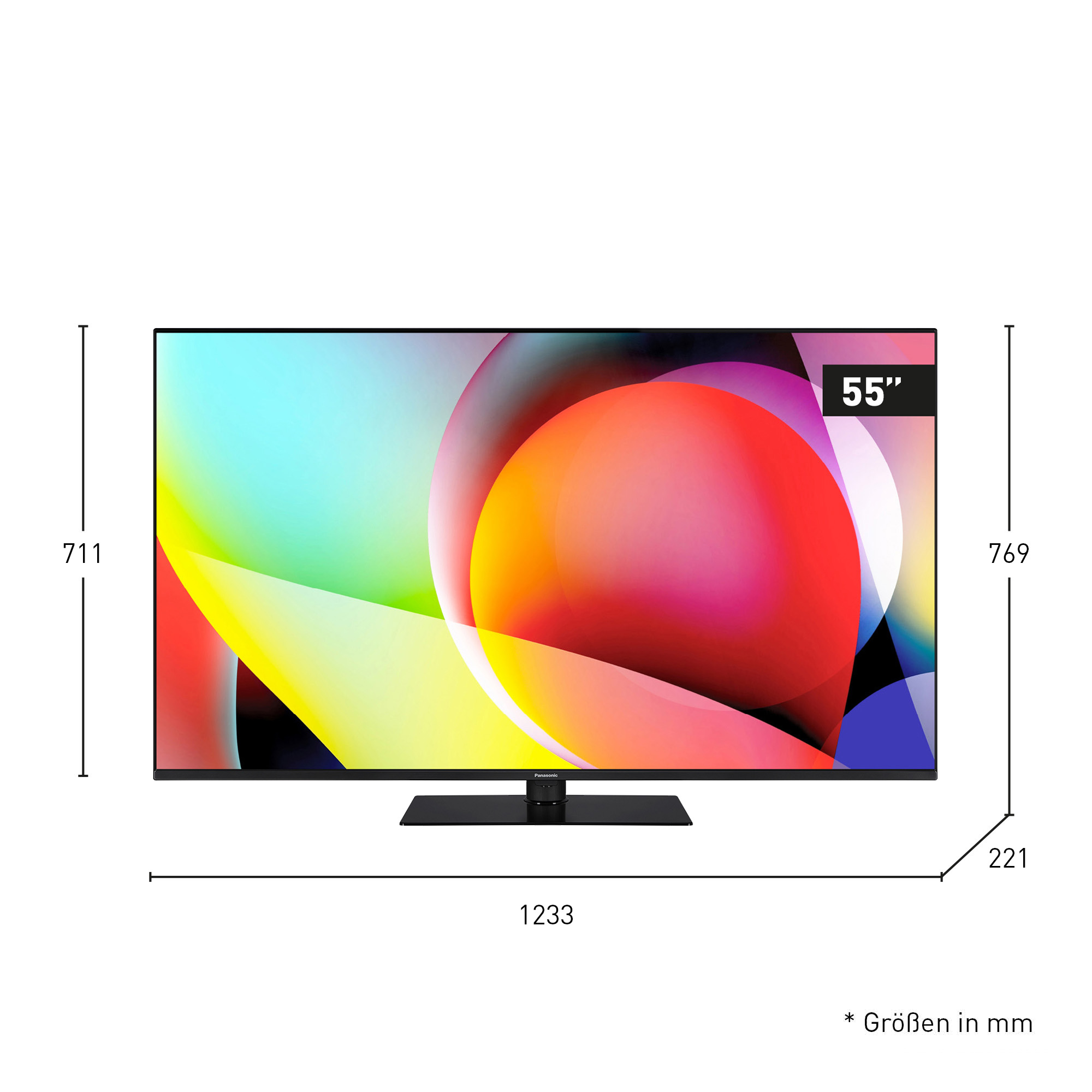 55-calowy telewizor Panasonic. Ma kolorowe, abstrakcyjne tło. Wymiary podano w mm.