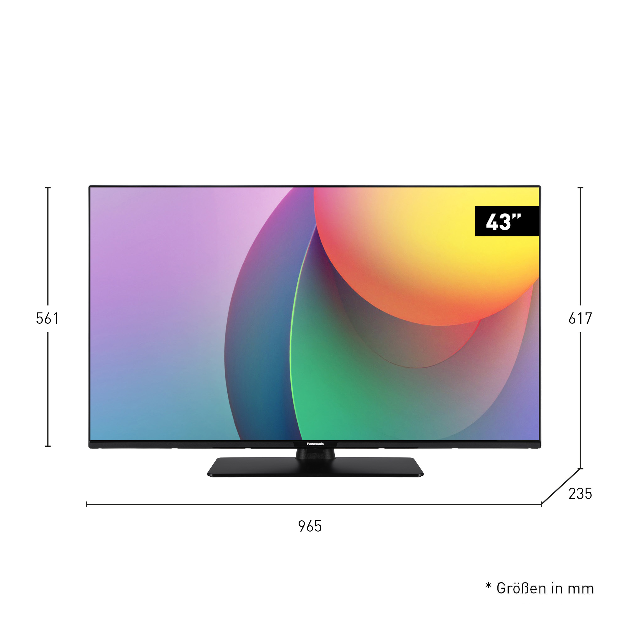 43-calowy telewizor Panasonic. Posiada kolorowy, abstrakcyjny wyświetlacz. Wymiary podane są w milimetrach. Telewizor stoi na czarnym stojaku.