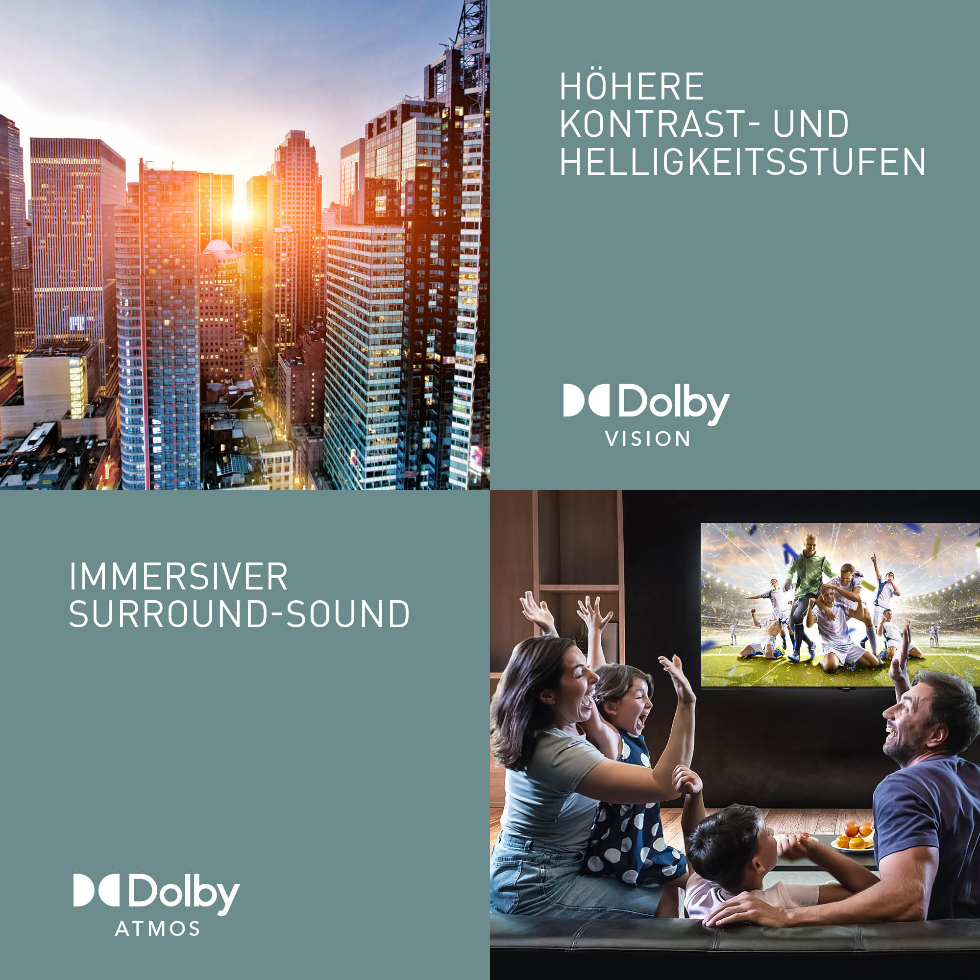 Obraz przedstawia panoramę miasta o zachodzie słońca, tekst o wyższym kontraście i Dolby Vision. Rodzina ogląda piłkę nożną w telewizji.