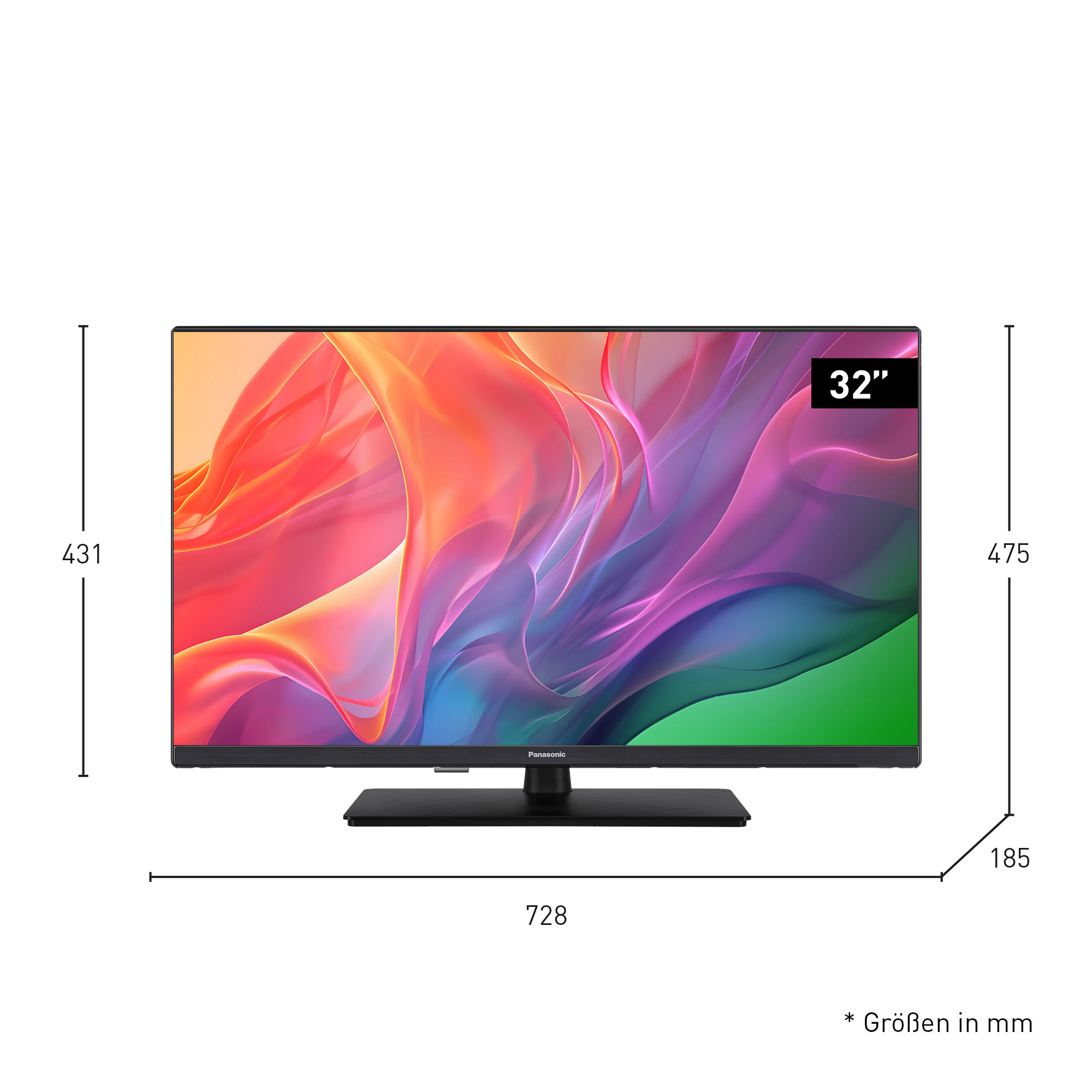 Un televisor Panasonic de 32 pulgadas muestra arte abstracto colorido. Dimensiones: 431 mm de alto, 728 mm de ancho y 185 mm de profundidad.