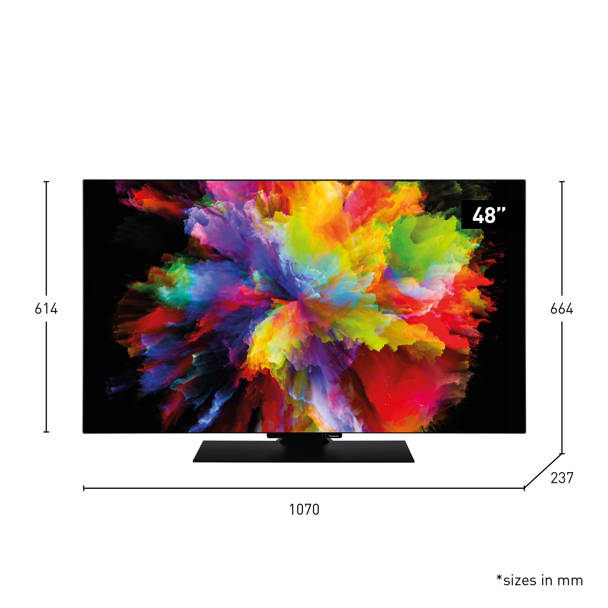 Un televisor de 48" muestra una explosión colorida. Dimensiones: 1070x664x237 mm. Soporte negro. Tamaños en mm.