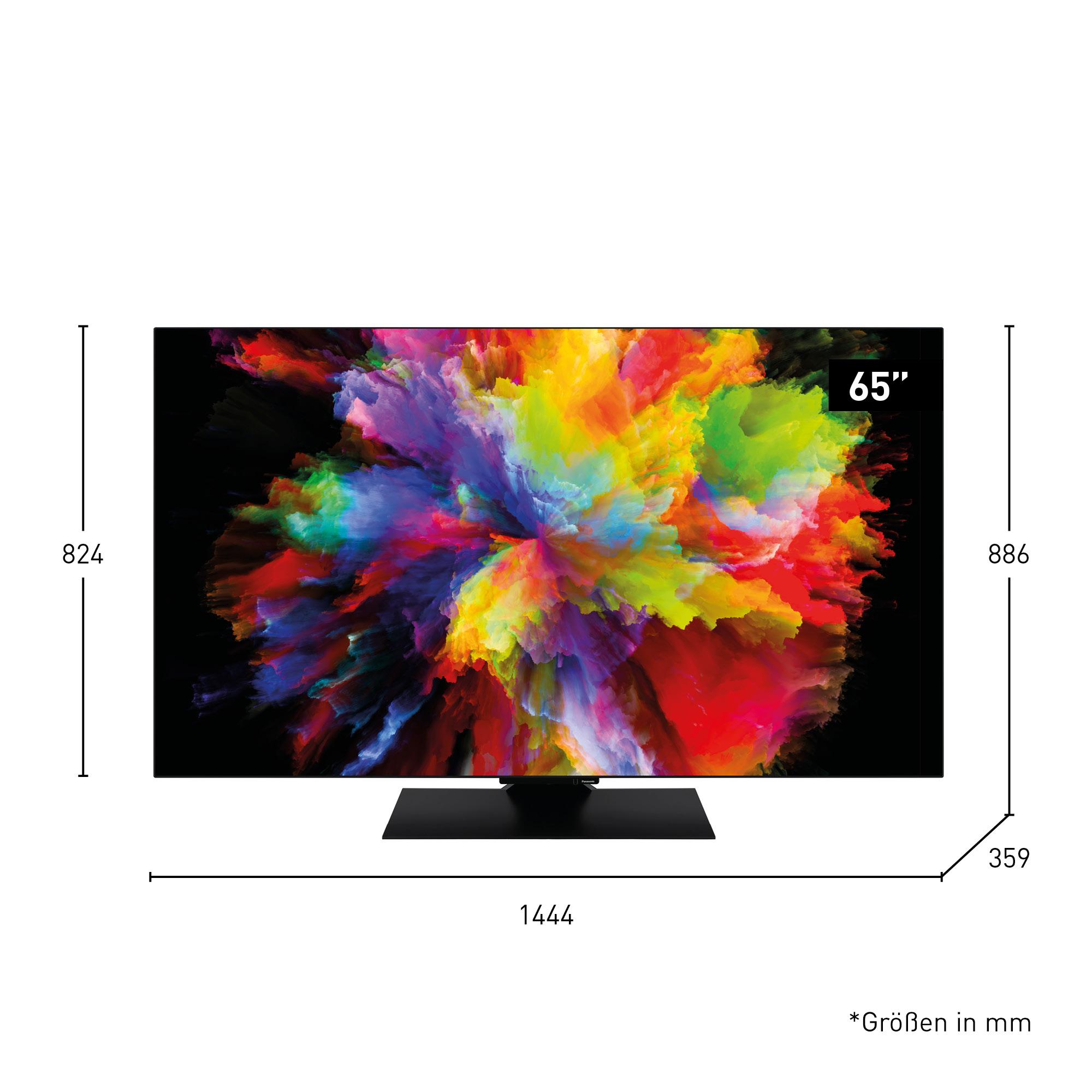 65-calowy telewizor z kolorowym abstrakcyjnym wyświetlaczem. Wymiary wskazane czarnymi liniami i numerami.
