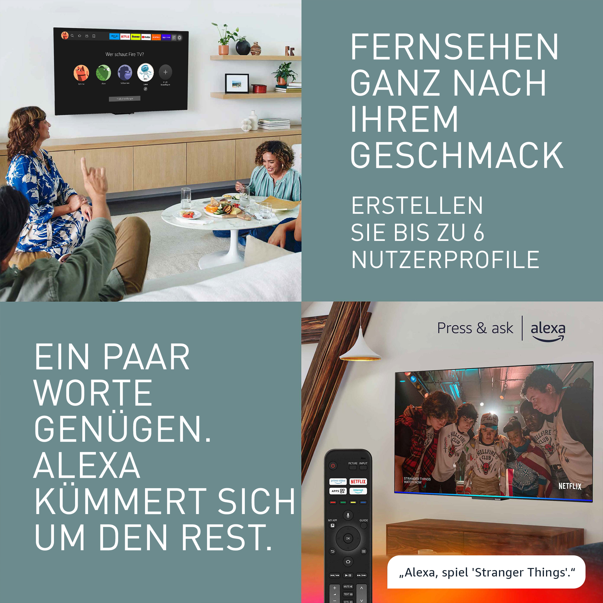 Scena w salonie z telewizorem, ludźmi i tekstem. Interfejs Alexa w telewizorze. Pilot w pierwszym planie.