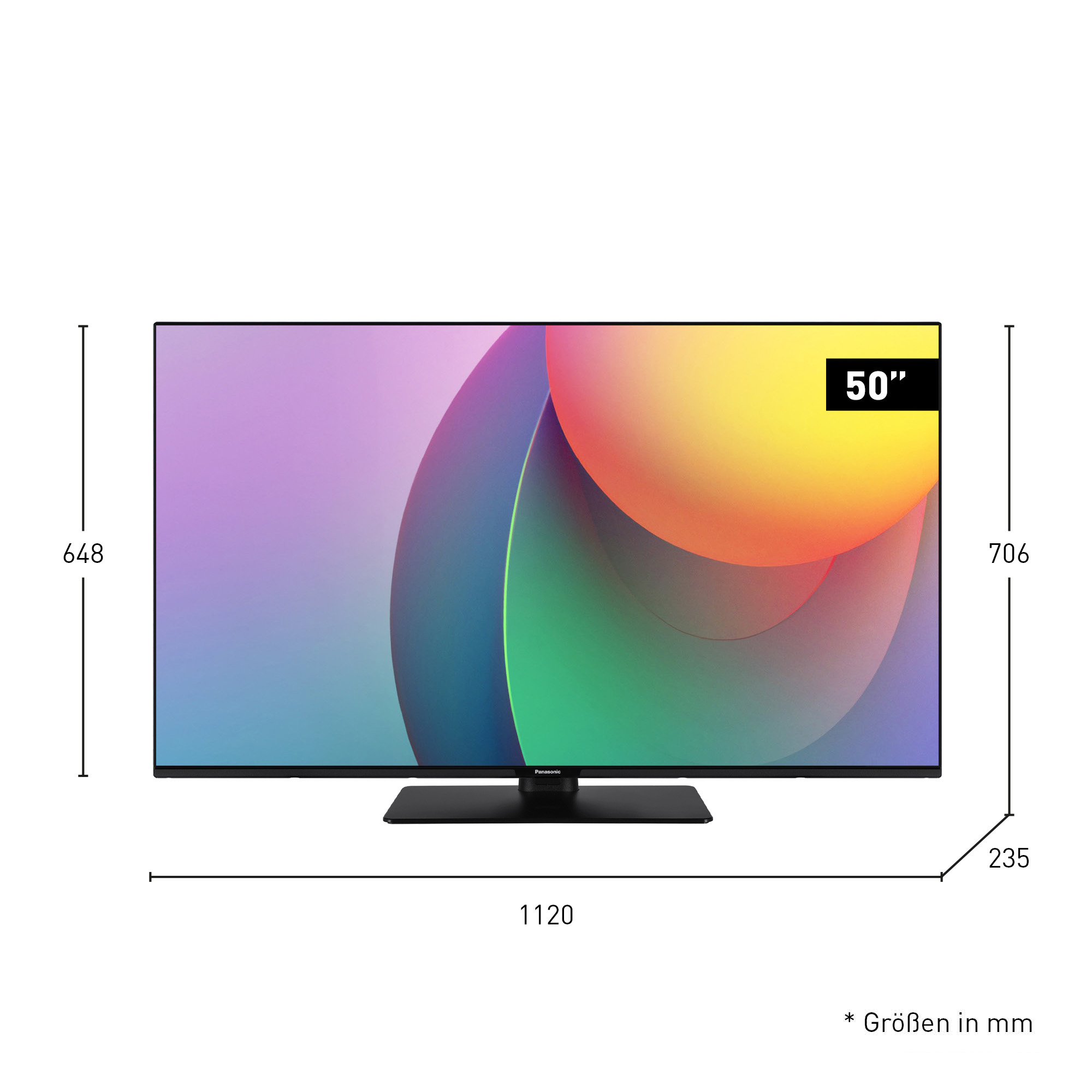 50-calowy telewizor Panasonic. Ekran wyświetla kolorowe abstrakcyjne kształty. Wymiary podano w mm, w tym wysokość i szerokość.