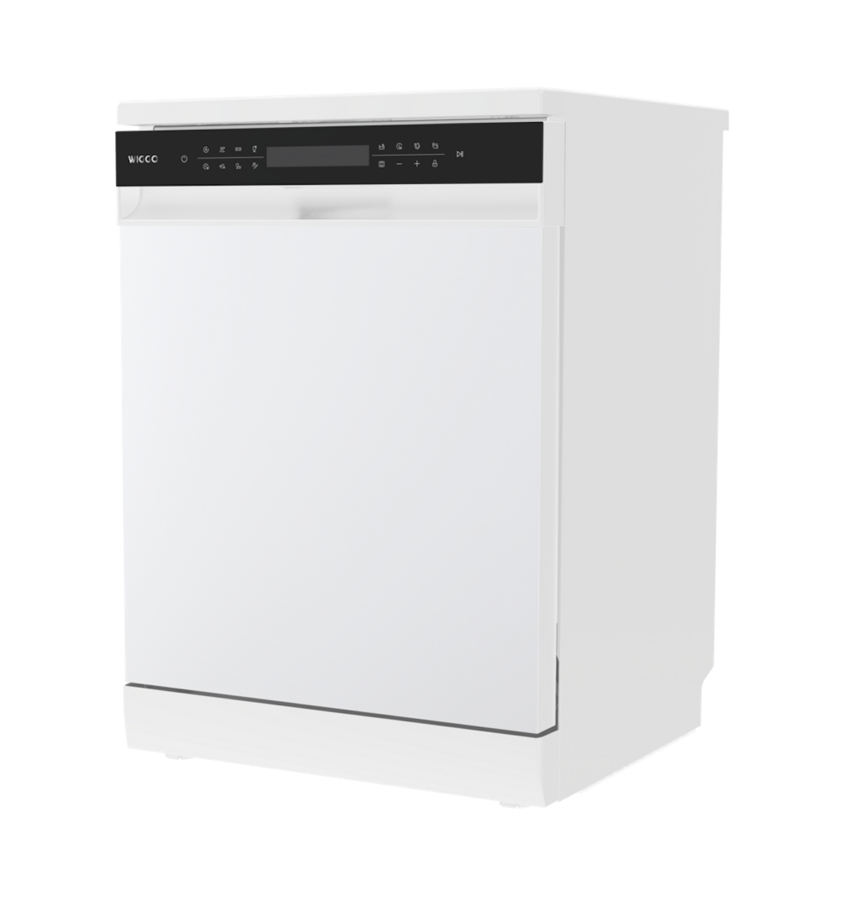 A white WICCC dishwasher. It has a black control panel with buttons and a display. The background is dark.