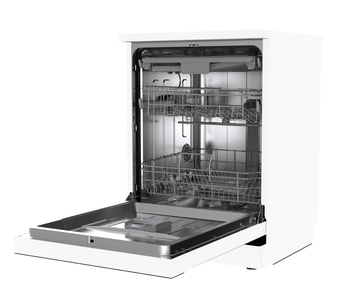 A white dishwasher with the door open, revealing metallic racks. The interior is silver, with black background.