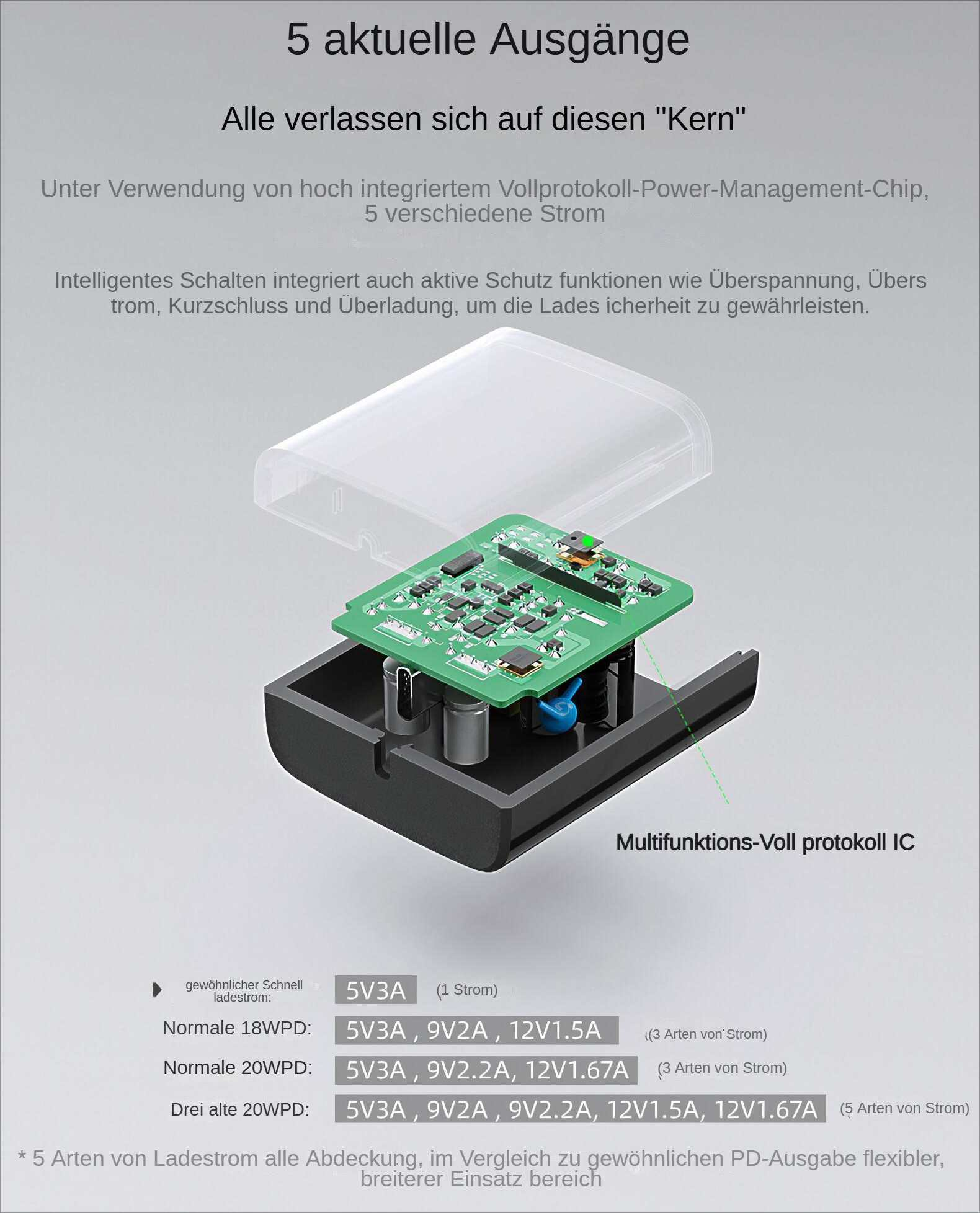 Anatomie eines Ladegeräts. Grüne Platine in einem schwarzen Gehäuse mit klarer Abdeckung, Text auf Deutsch.