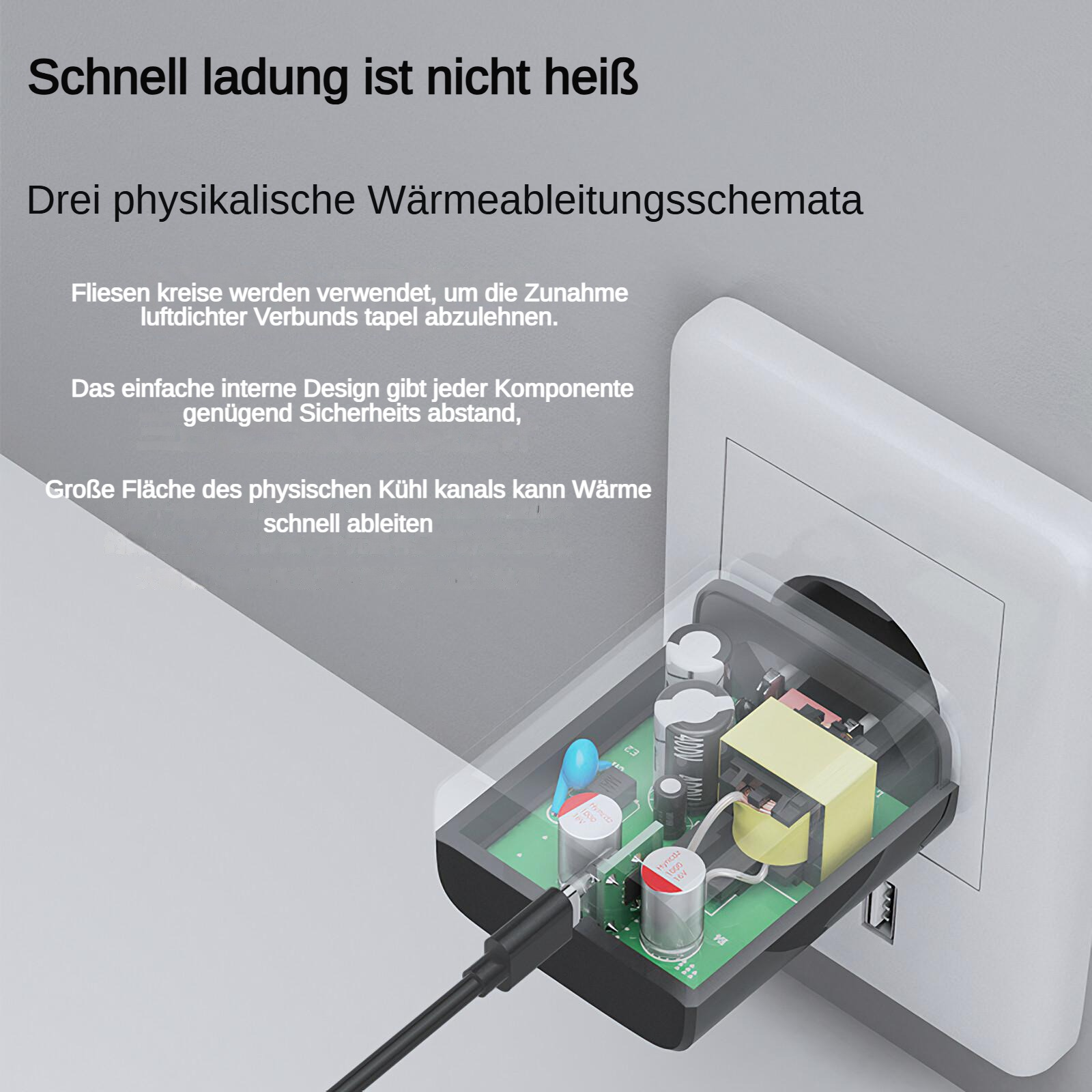 Diagramm eines Adapters mit internen Komponenten. Text erklärt Kühlung und Design.
