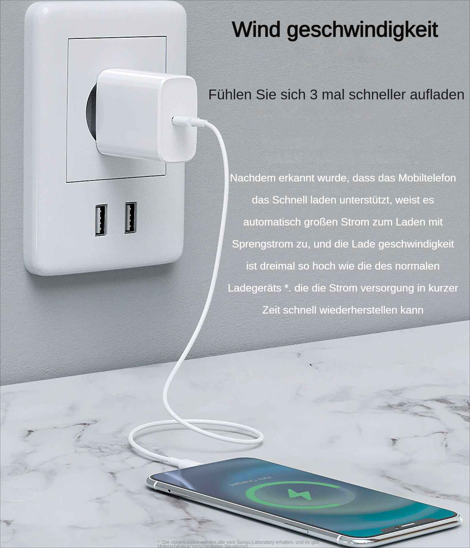 Ein weißes Ladegerät steckt in einer Steckdose, mit einem Kabel, das mit einem Telefon auf einer Marmoroberfläche verbunden ist.
