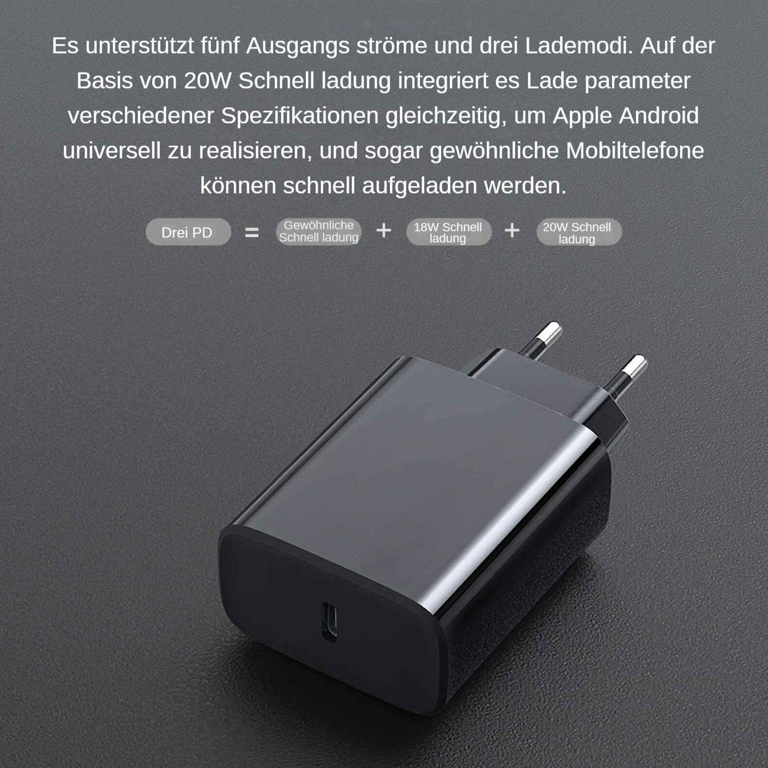 Ein dunkles Ladegerät mit zwei Stiften liegt auf einer strukturierten Oberfläche. Text auf Deutsch steht über dem Ladegerät.