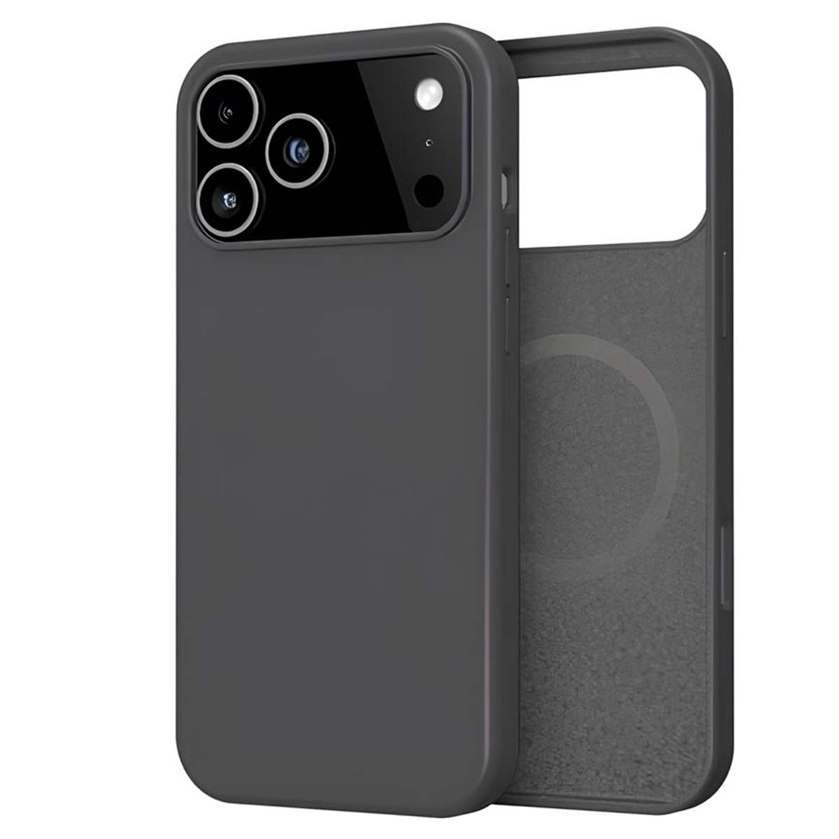 Una custodia per telefono grigio scuro, con tre fori per la fotocamera e un pezzo posteriore aperto. L'interno è bianco sporco.