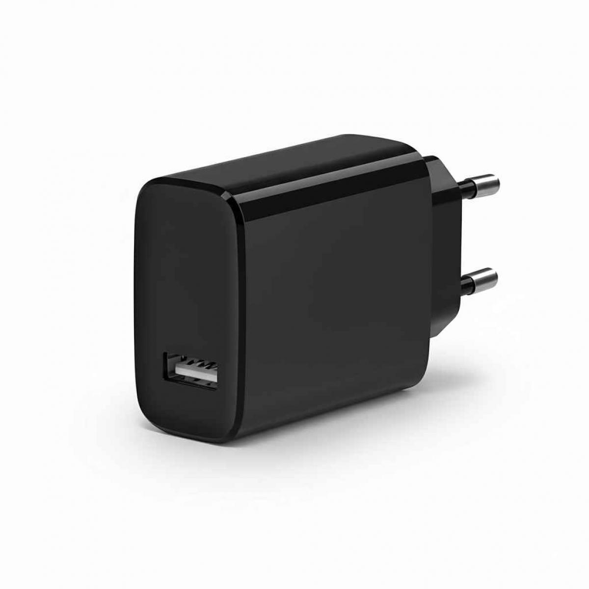Ein schwarzes USB-Ladegerät mit einem USB-Anschluss auf der Vorderseite und zwei Stiften auf der Rückseite, auf weißem Hintergrund.