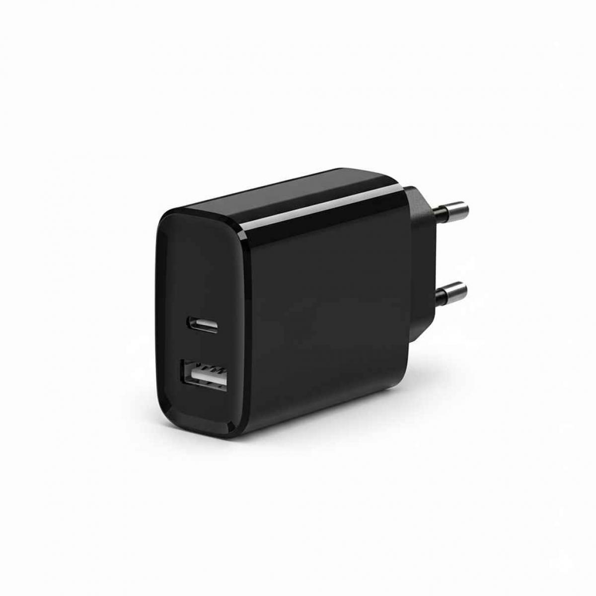 Ein schwarzes Telefonladegerät mit zwei Anschlüssen, USB und USB-C. Es hat zwei Stifte für europäische Steckdosen.