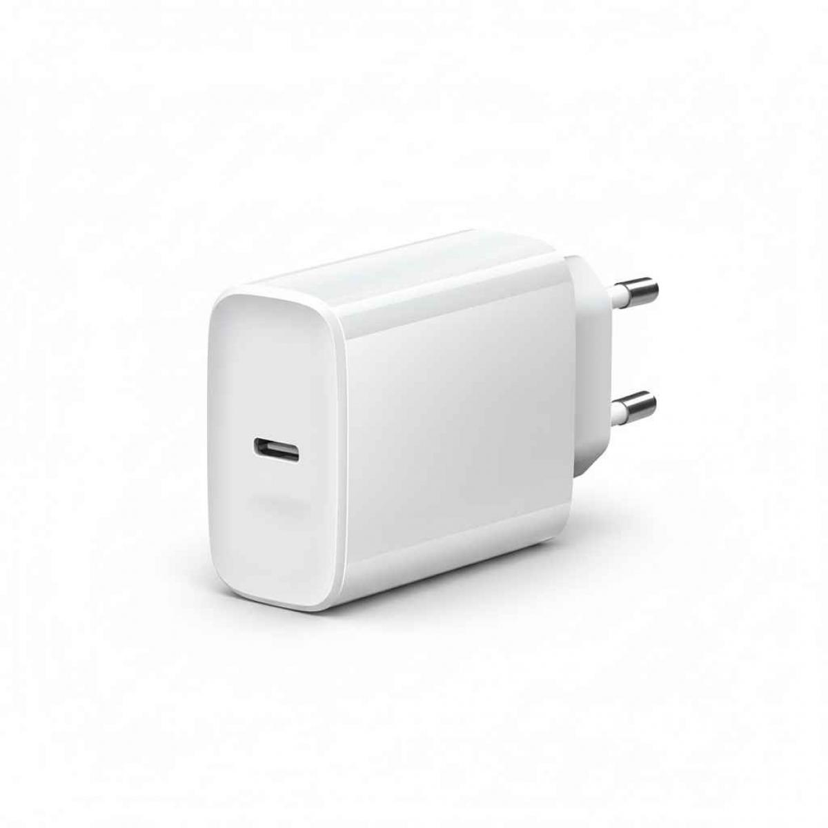 Ein weißes USB-C-Ladegerät. Es hat eine rechteckige Form mit abgerundeten Ecken. Auf einer Seite sind zwei Stifte zu sehen.