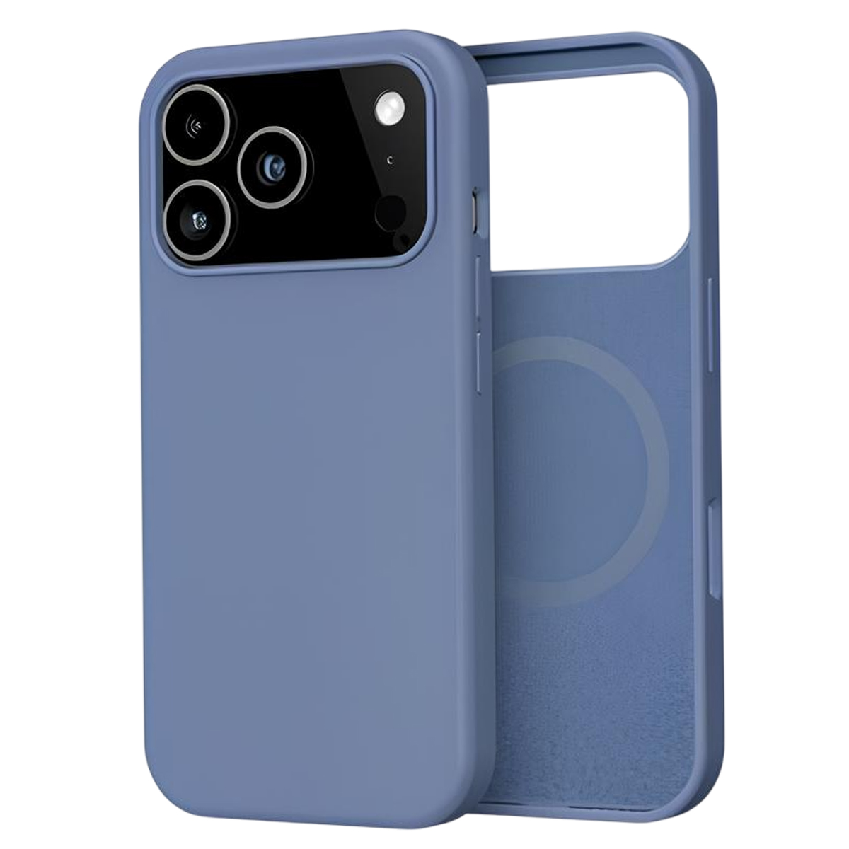 Una custodia blu per telefono con ritaglio per la fotocamera e retro aperto. La custodia è realizzata in materiale morbido.