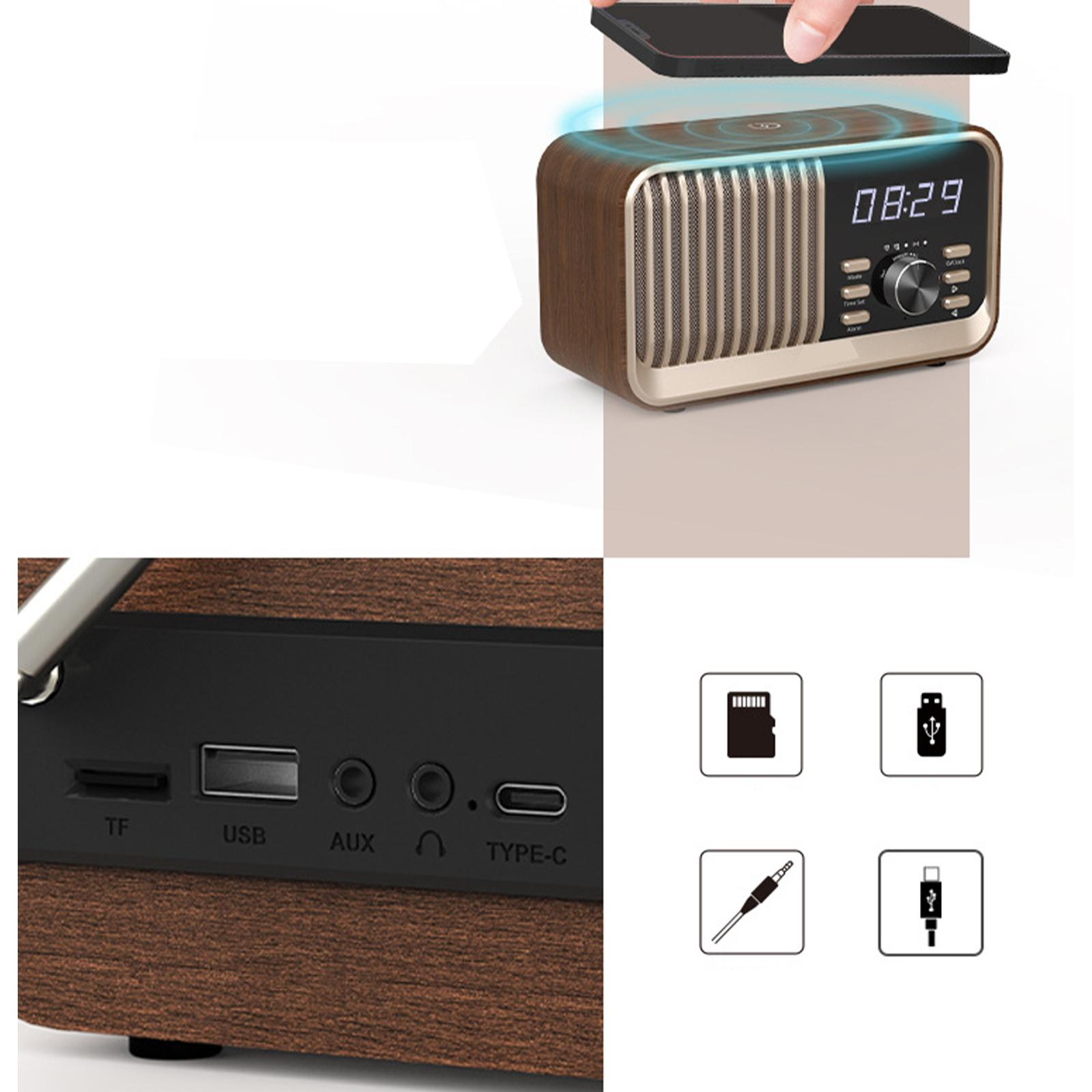 Ein braunes und goldenes Retro-Radio mit digitaler Anzeige. Eine Hand hält ein Telefon darüber. Unten: Anschlüsse und Symbole.