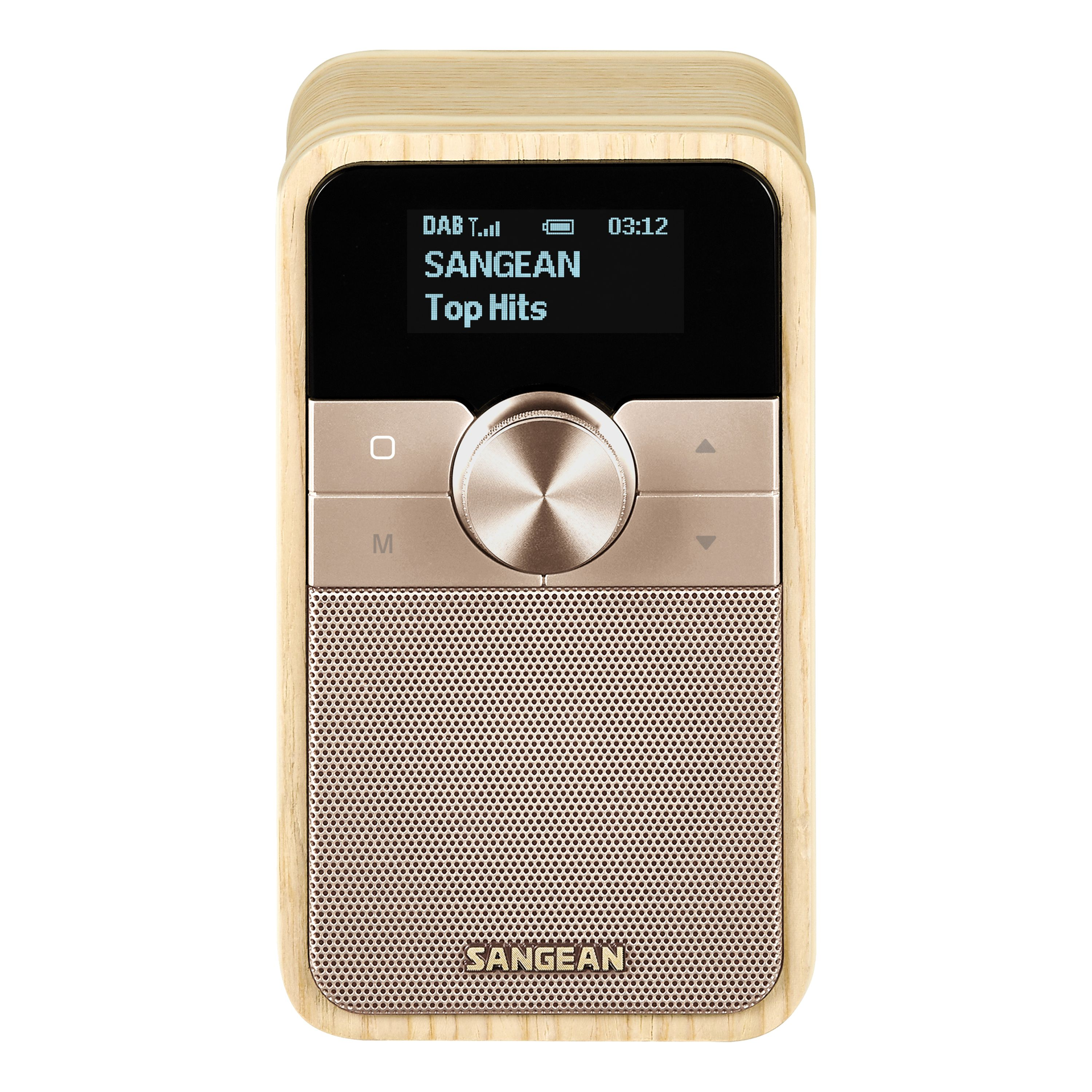 Una radio beige con schermo che mostra 'Top Hits'. Ha un altoparlante e pulsanti di controllo. Il marchio è SANGEAN.