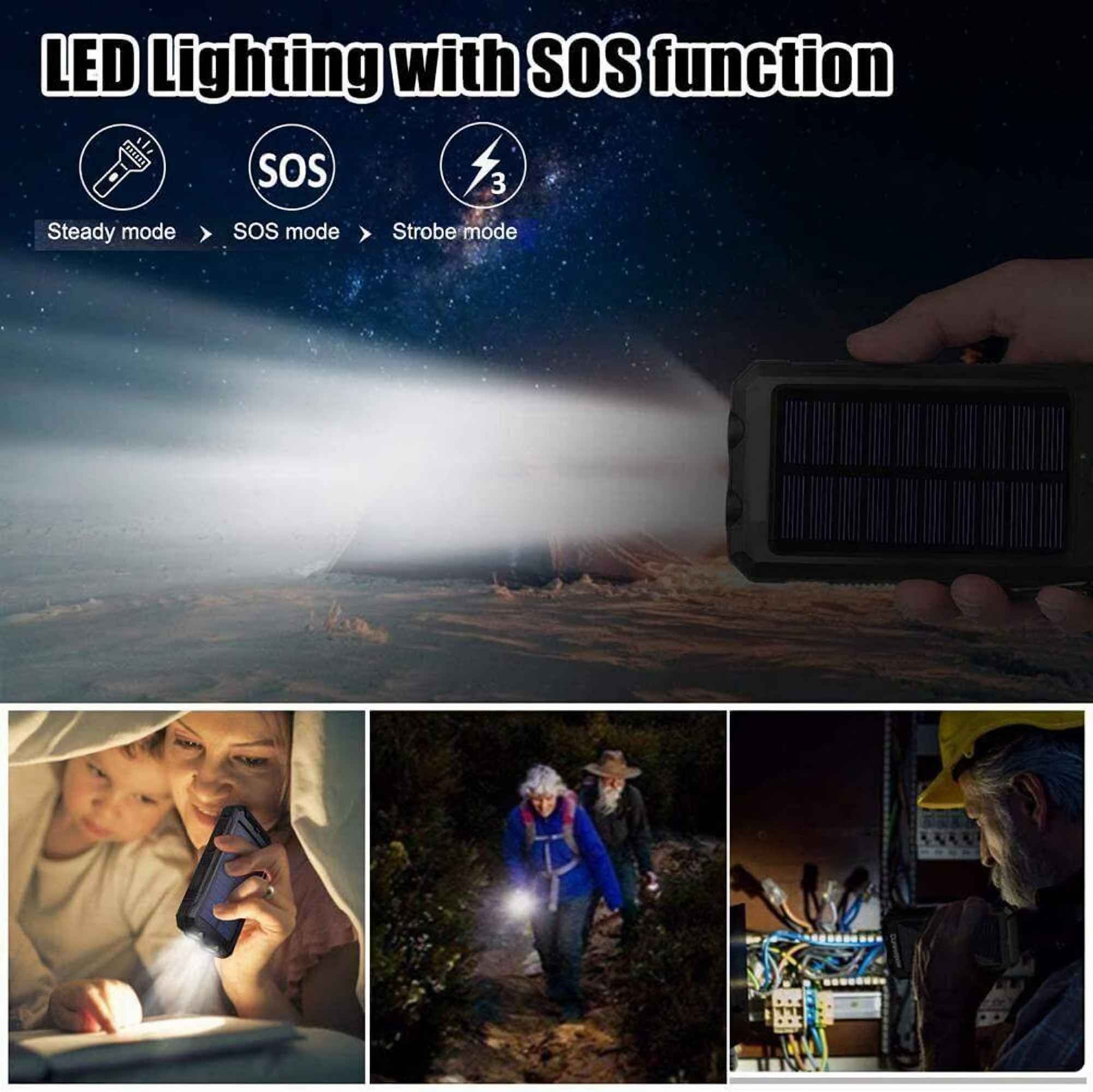 Das Bild zeigt eine LED-Leuchte mit SOS-Funktion. Sie hat drei Modi: Dauerlicht, SOS und Stroboskop. Unten sind drei kleinere Bilder.