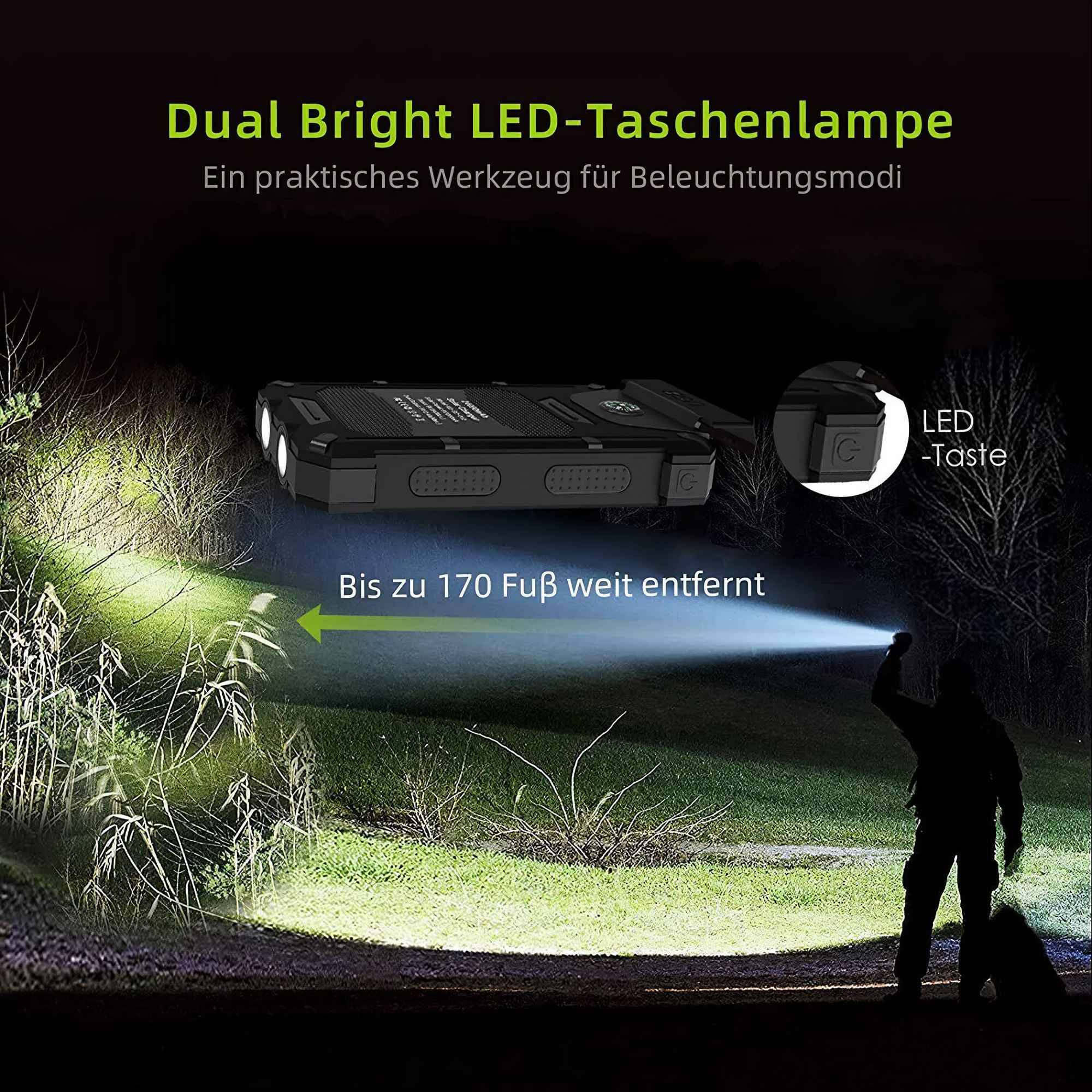 Eine Taschenlampe beleuchtet eine dunkle Szene. Eine Person in Silhouette hält sie. Der Text lautet 'Dual Bright LED-Taschenlampe'.