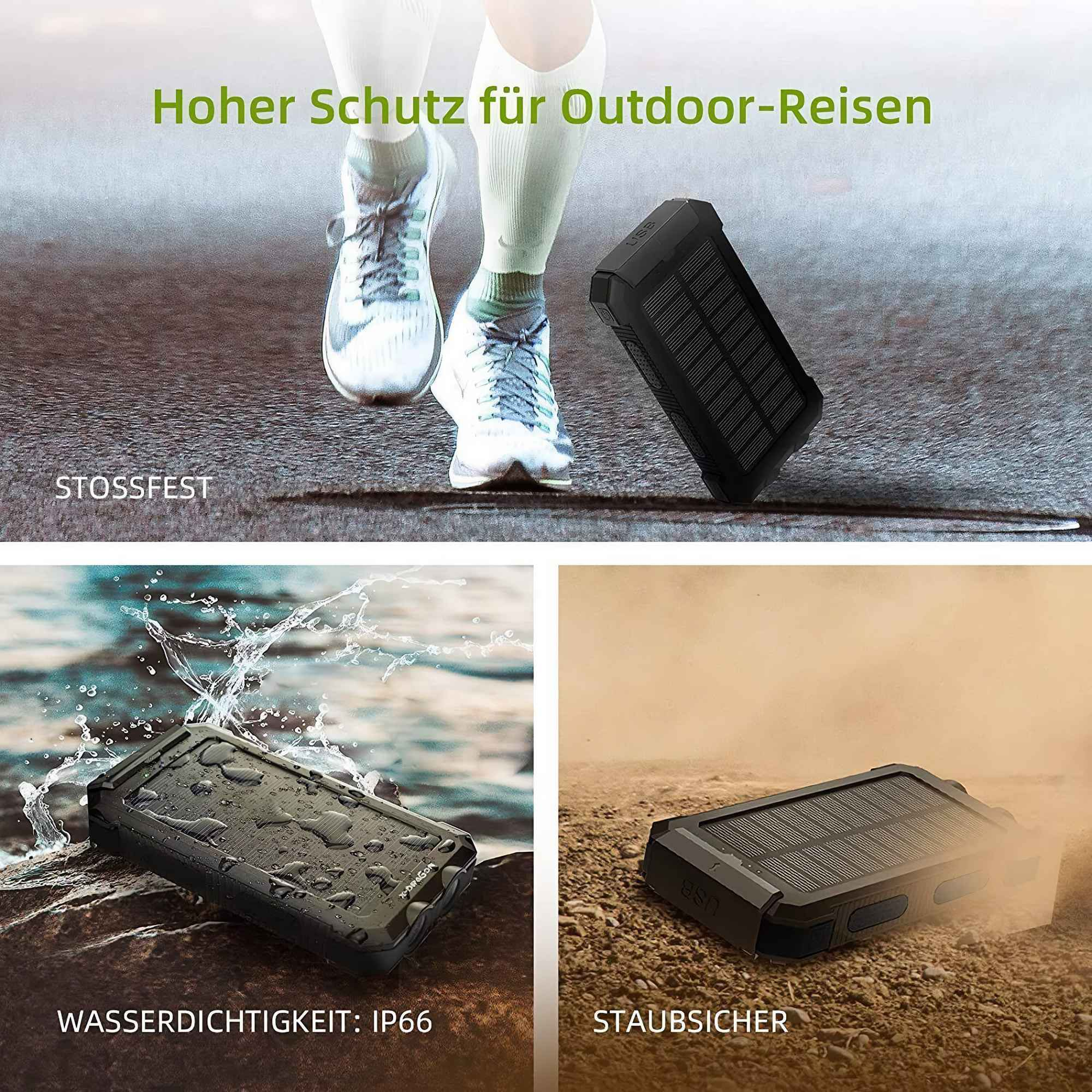 Das Bild zeigt eine Person beim Laufen. Eine schwarze Solar-Powerbank ist ebenfalls abgebildet. Das Bild zeigt, dass die Powerbank wasserdicht und staubdicht ist.