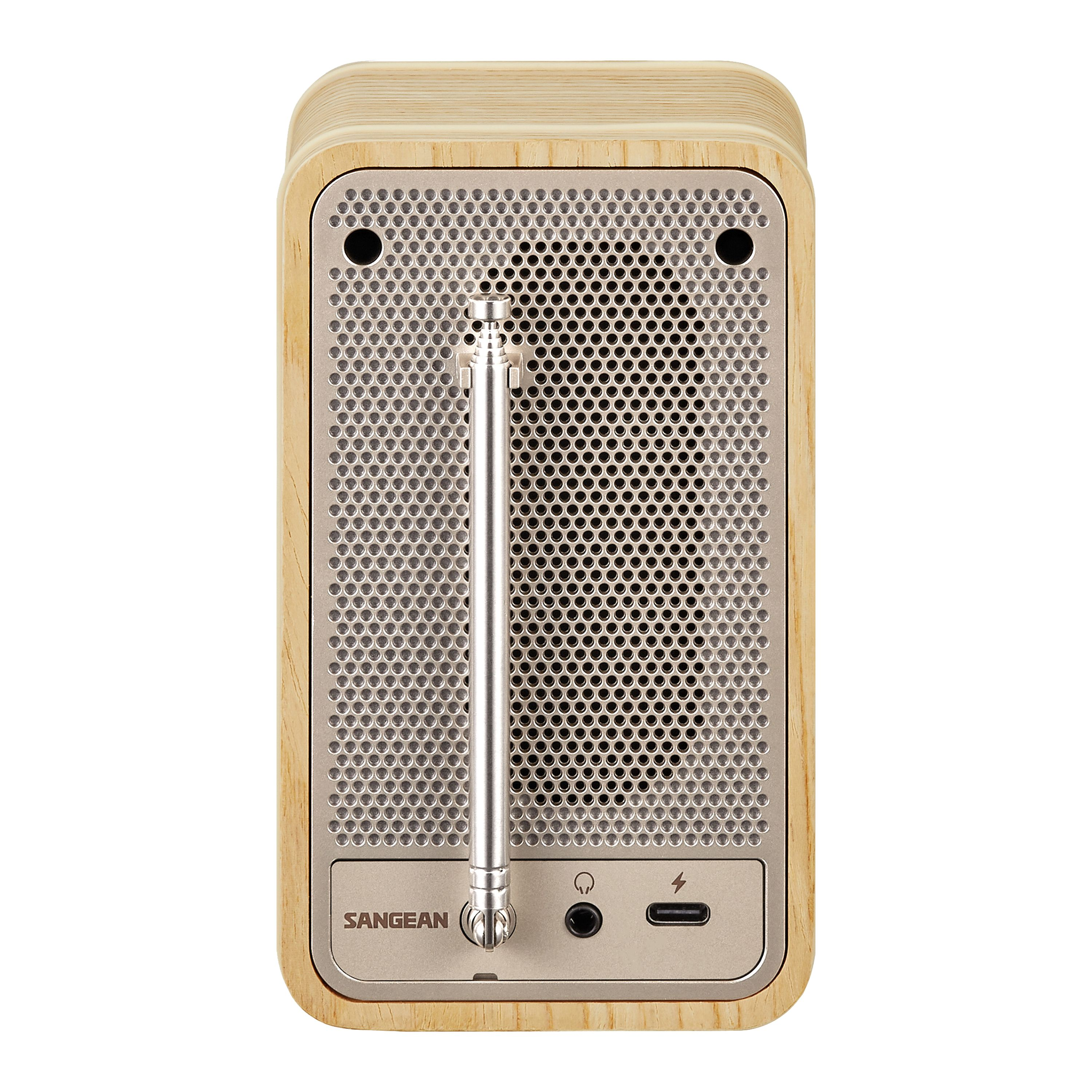 Una radio in legno con un altoparlante in metallo. Ha un'antenna, un jack per cuffie e una porta di ricarica.