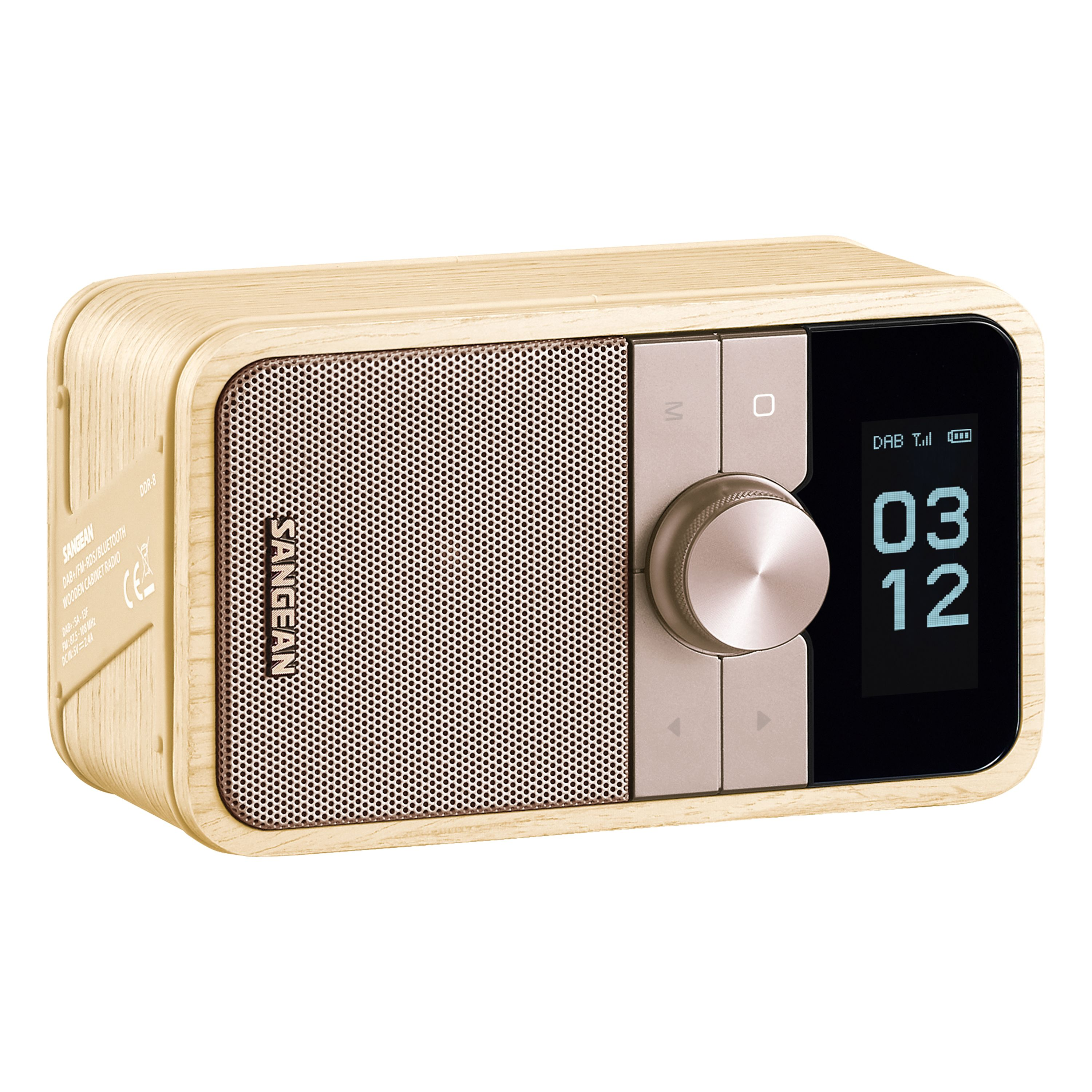 Una radio di legno con altoparlante e schermo che mostra l'ora. Ha un quadrante e dei pulsanti.