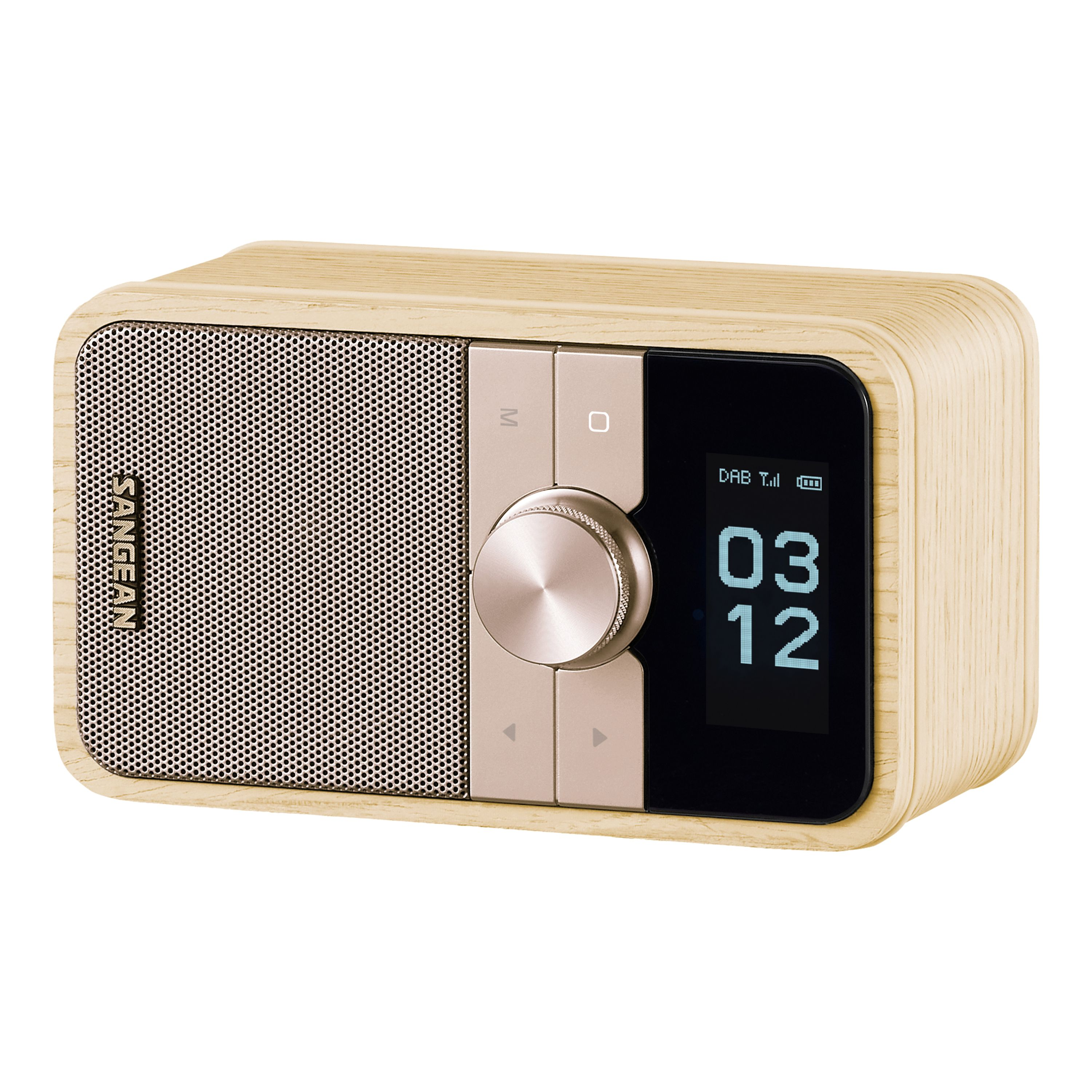 Una radio in legno con display dell'ora. Ha un altoparlante, una manopola e dei pulsanti. Il marchio è visibile.
