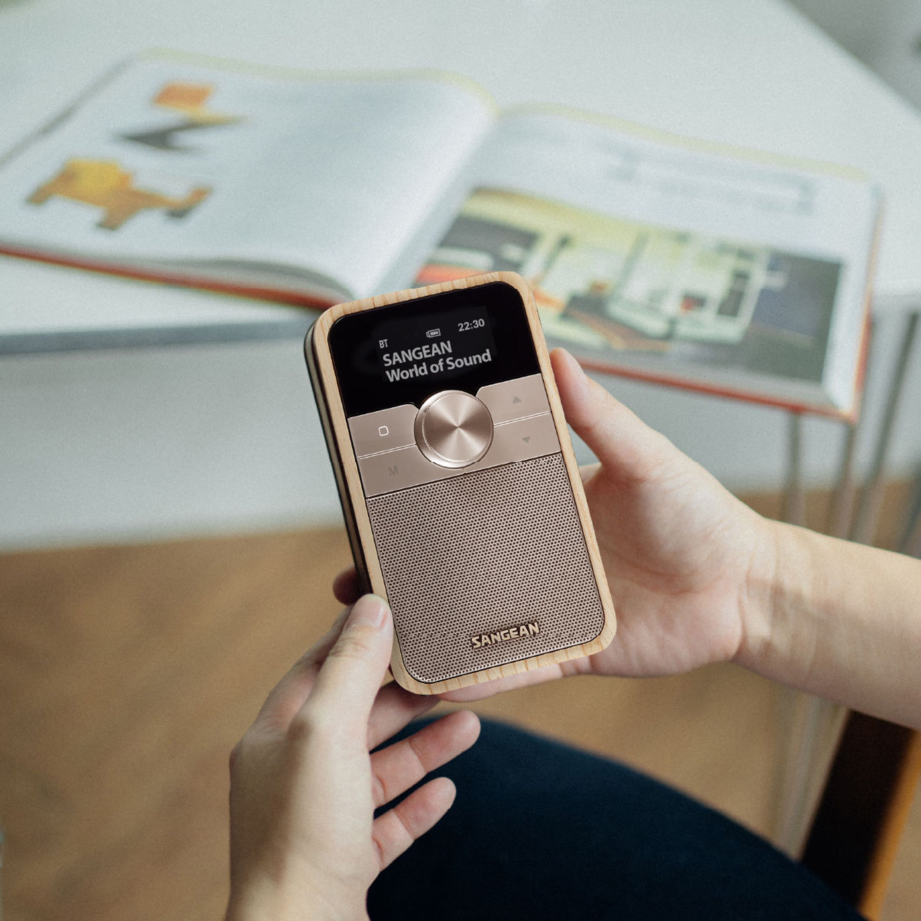Una persona tiene in mano una piccola radio con cornice in legno e schermo. Un libro aperto sullo sfondo.