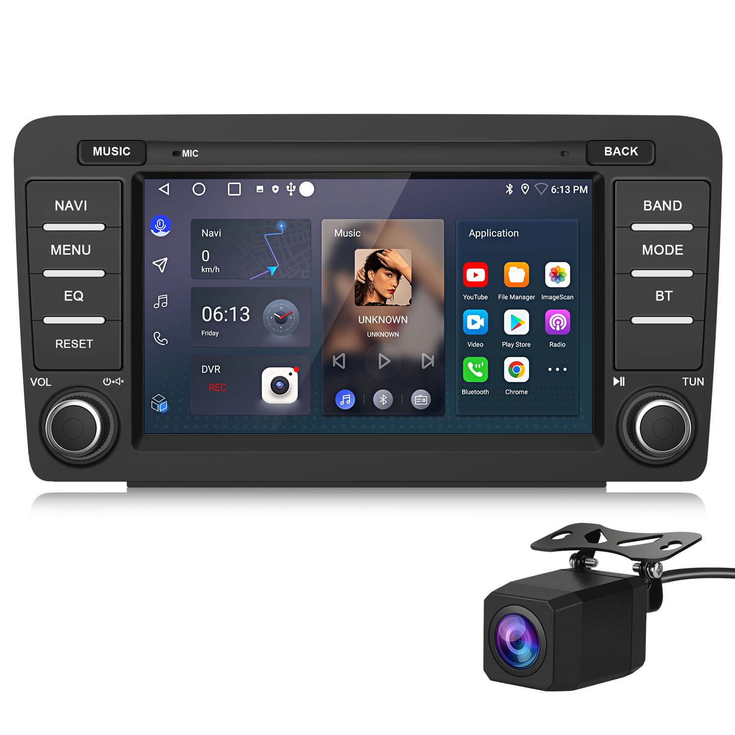 Auto-Multimedia-System mit Touchscreen, der Navigation, Musik und Apps anzeigt. Darunter eine Rückfahrkamera.