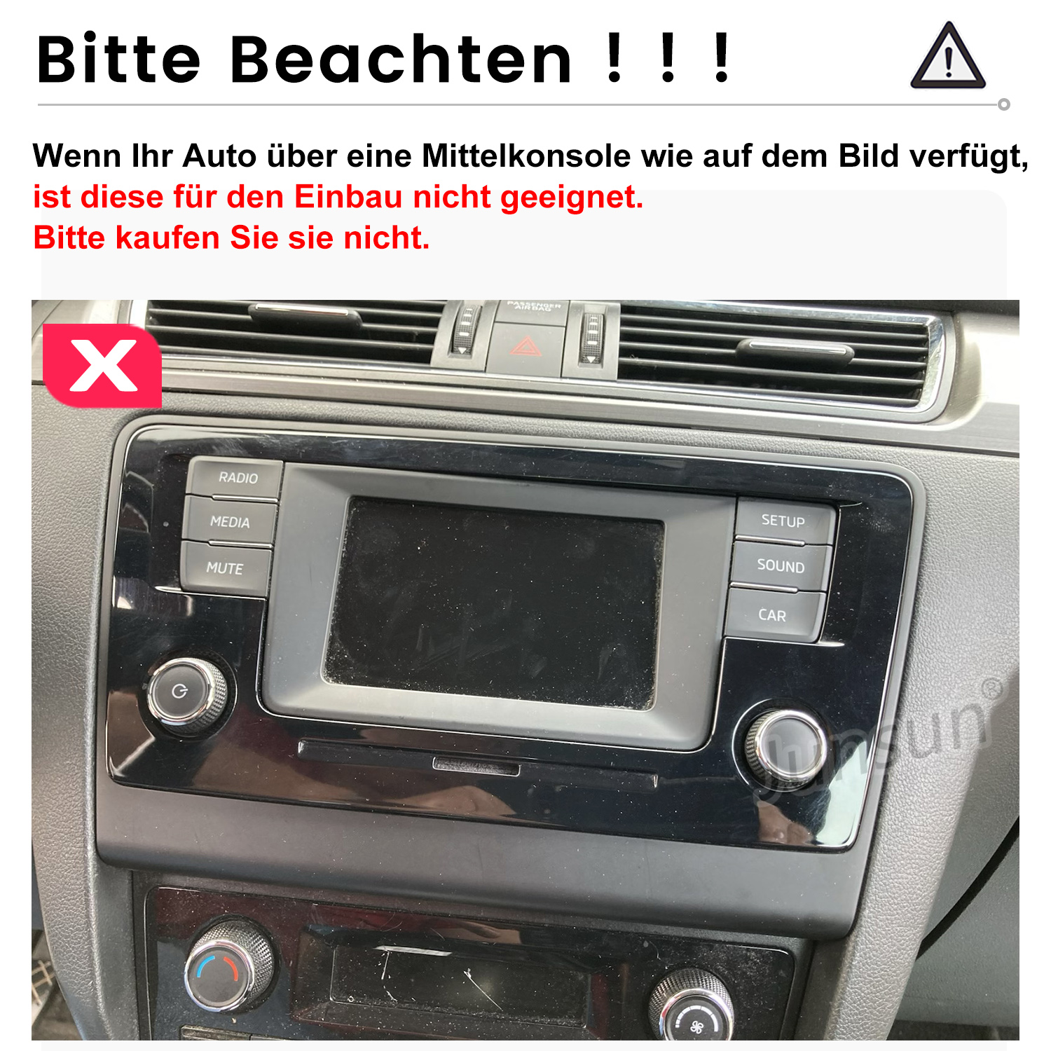 Armaturenbrett mit Bildschirm, Knöpfen und Reglern. Ein rotes X weist auf ungeeignete Teile hin.