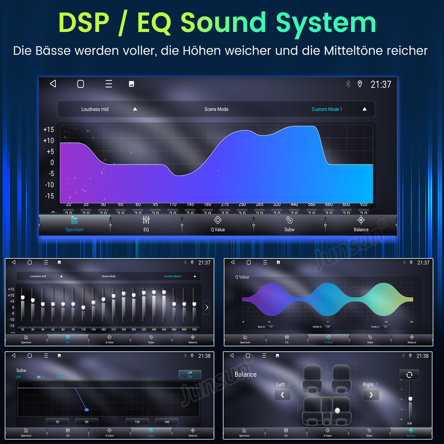 Ein Auto-Audio-Interface mit mehreren Klangeinstellungen, das EQ- und Balance-Regler in Blau- und Lilatönen zeigt.