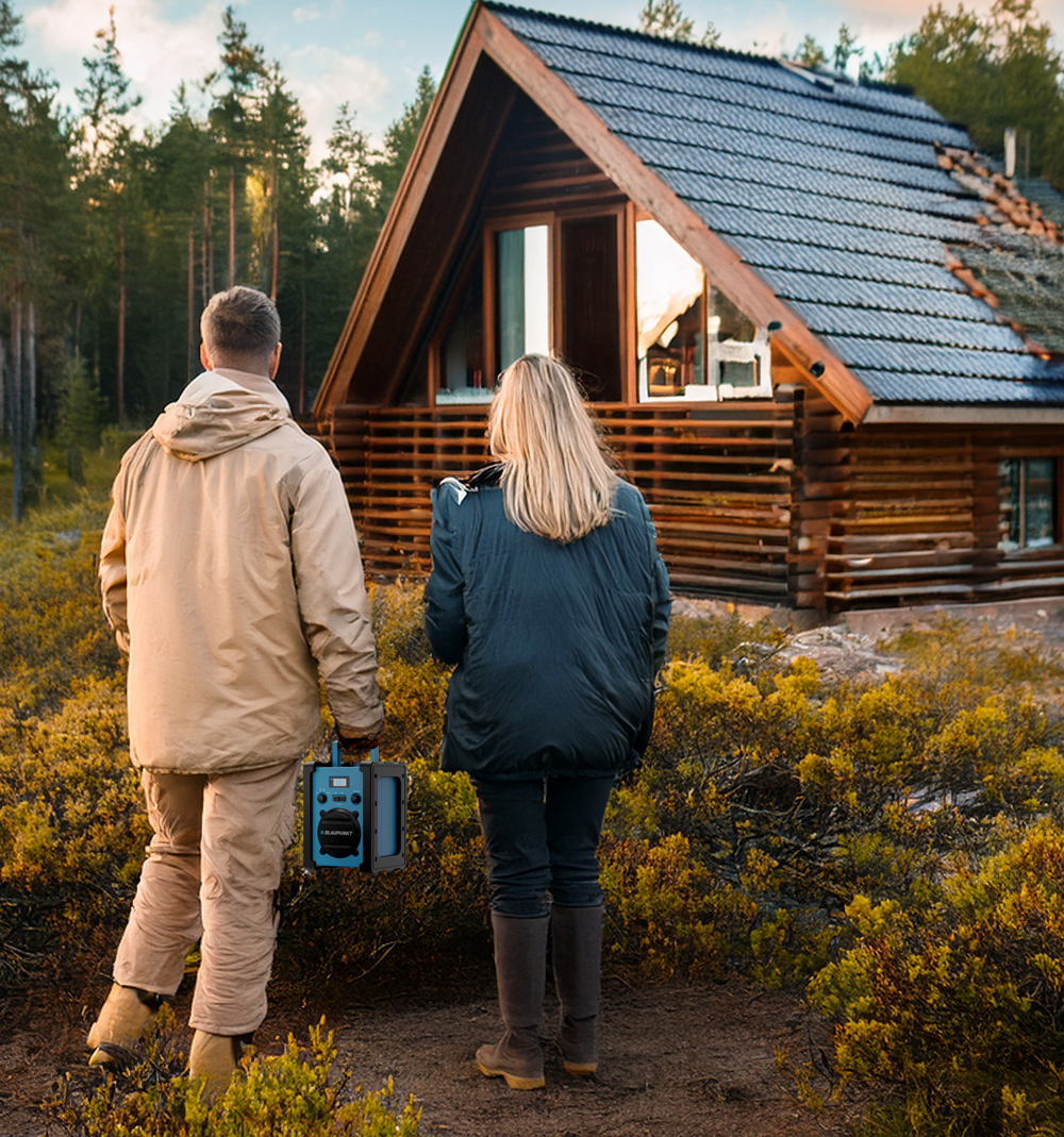 Zwei Personen gehen auf eine Holzhütte zu. Einer hält ein blaues Radio. Die Hütte steht in einem Wald mit gelben Büschen.