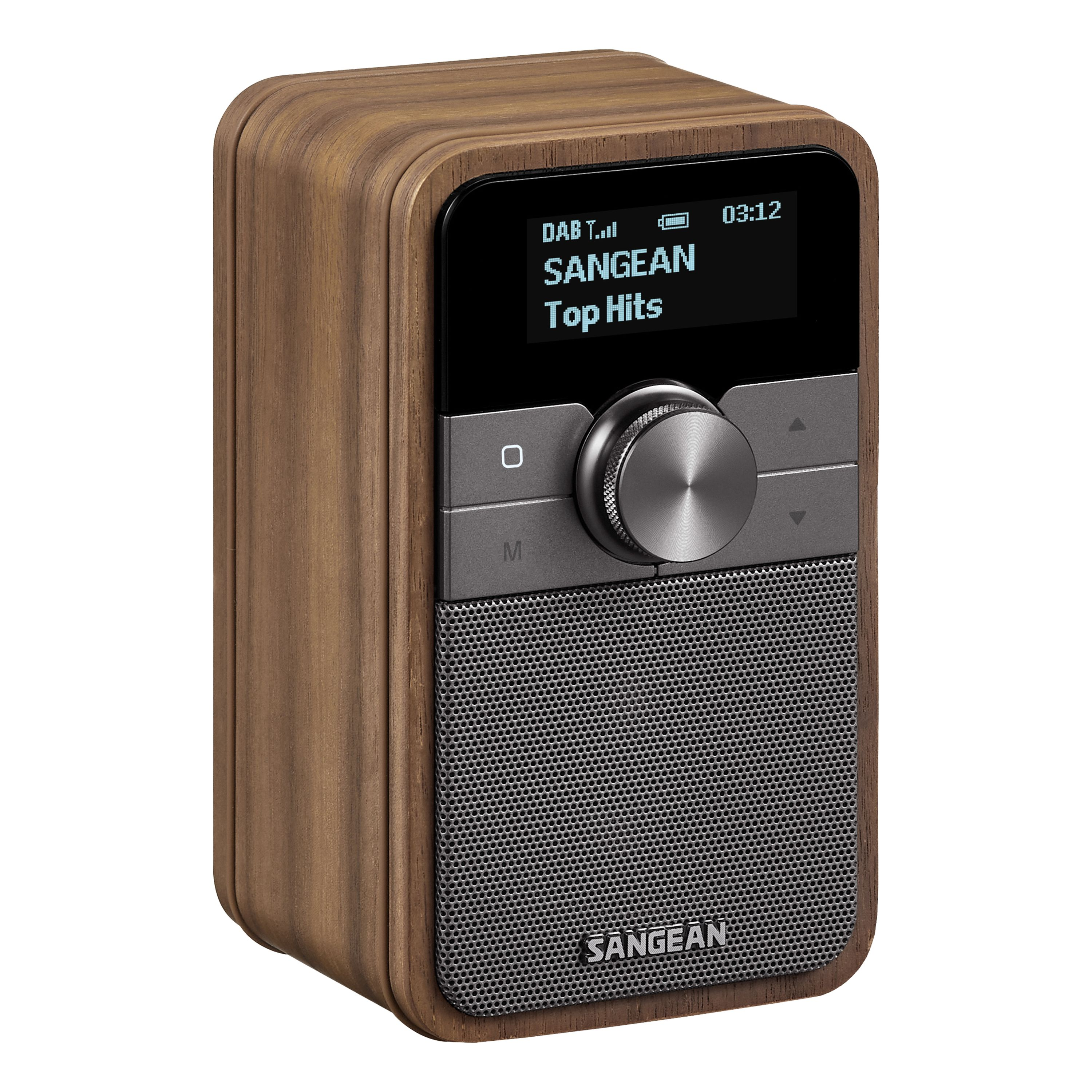 Holzradio mit Bildschirm, der Stationsinformationen anzeigt, und einem Drehknopf. Der Lautsprecher hat ein Metallgitter.
