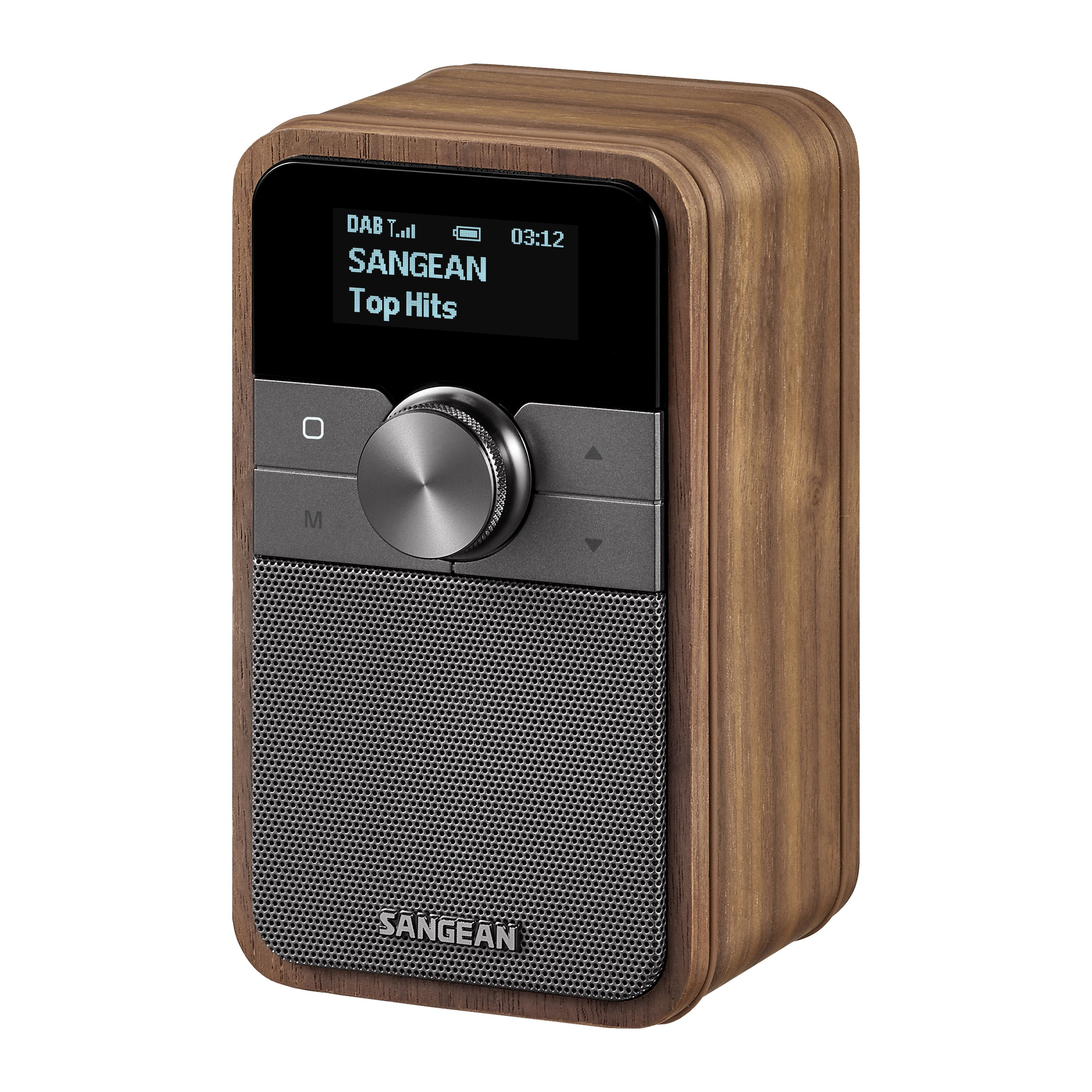 Holzradio mit Display, das 'Top Hits' anzeigt. Es hat einen Lautsprecher und Bedienelemente. Die Marke ist SANGEAN.