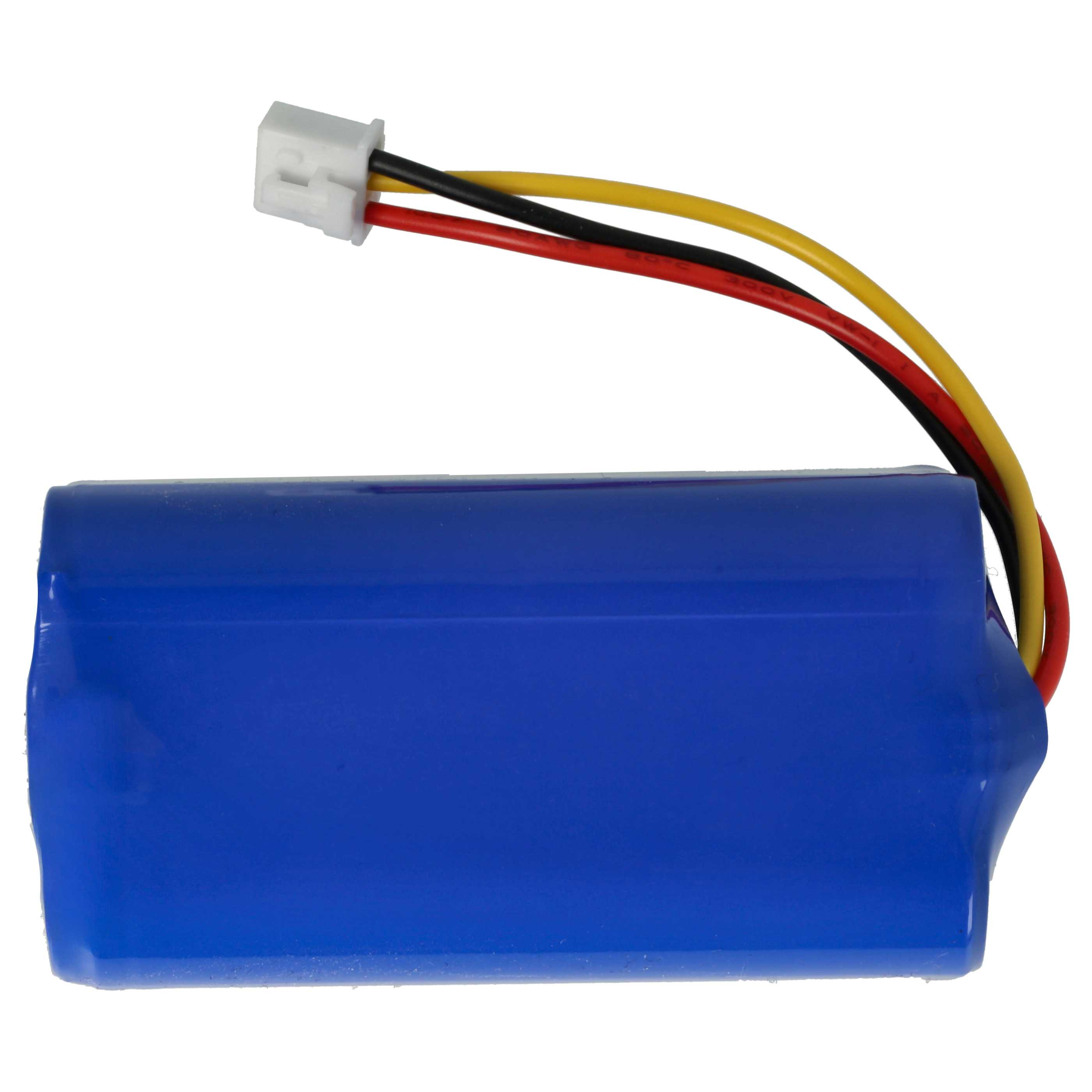 Ein blauer Akku mit Drähten. Die Drähte sind rot, gelb und schwarz und an einem weißen Stecker befestigt.