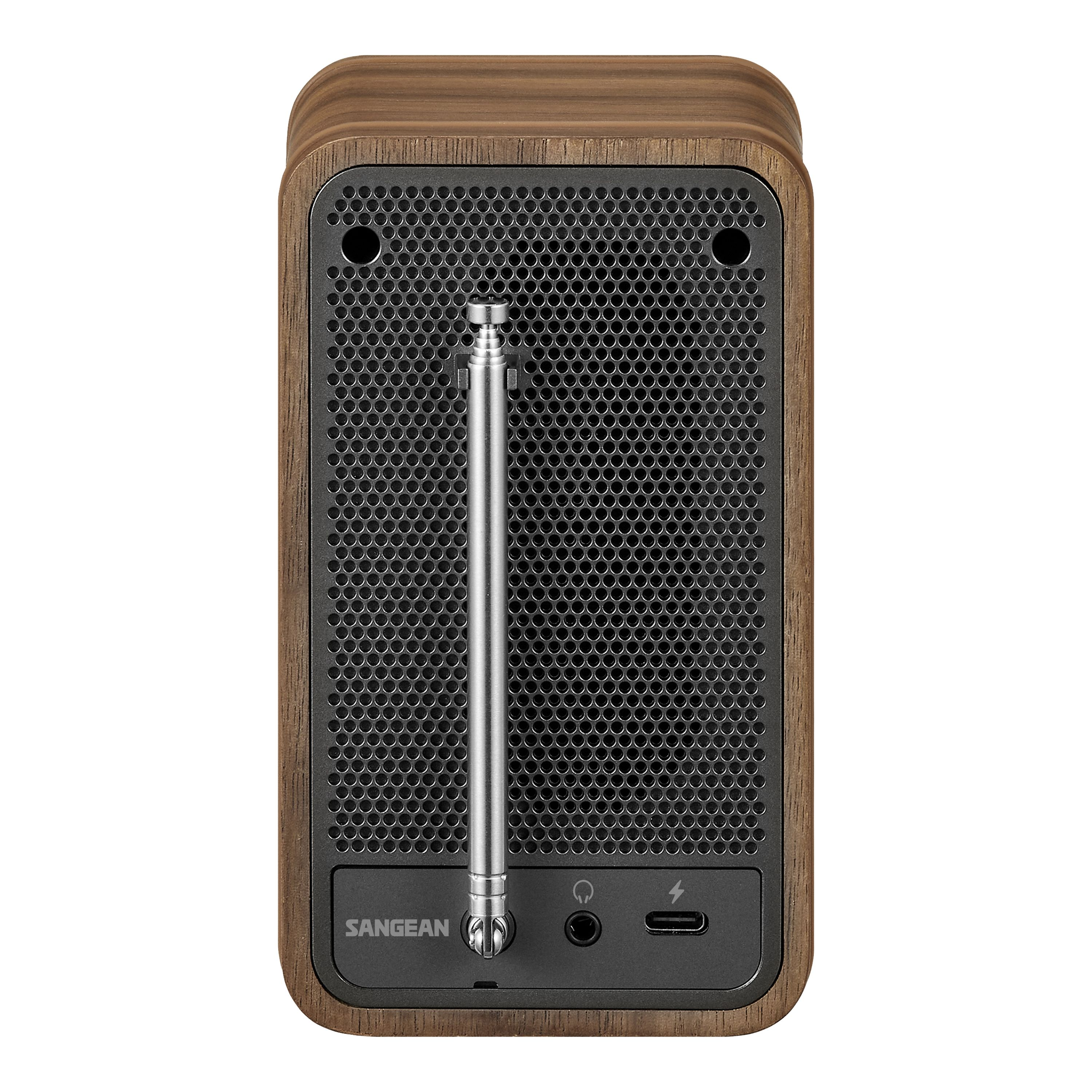 Holzradio mit Metallgitter, Antenne und Bedienfeld unten. Der Markenname ist sichtbar.