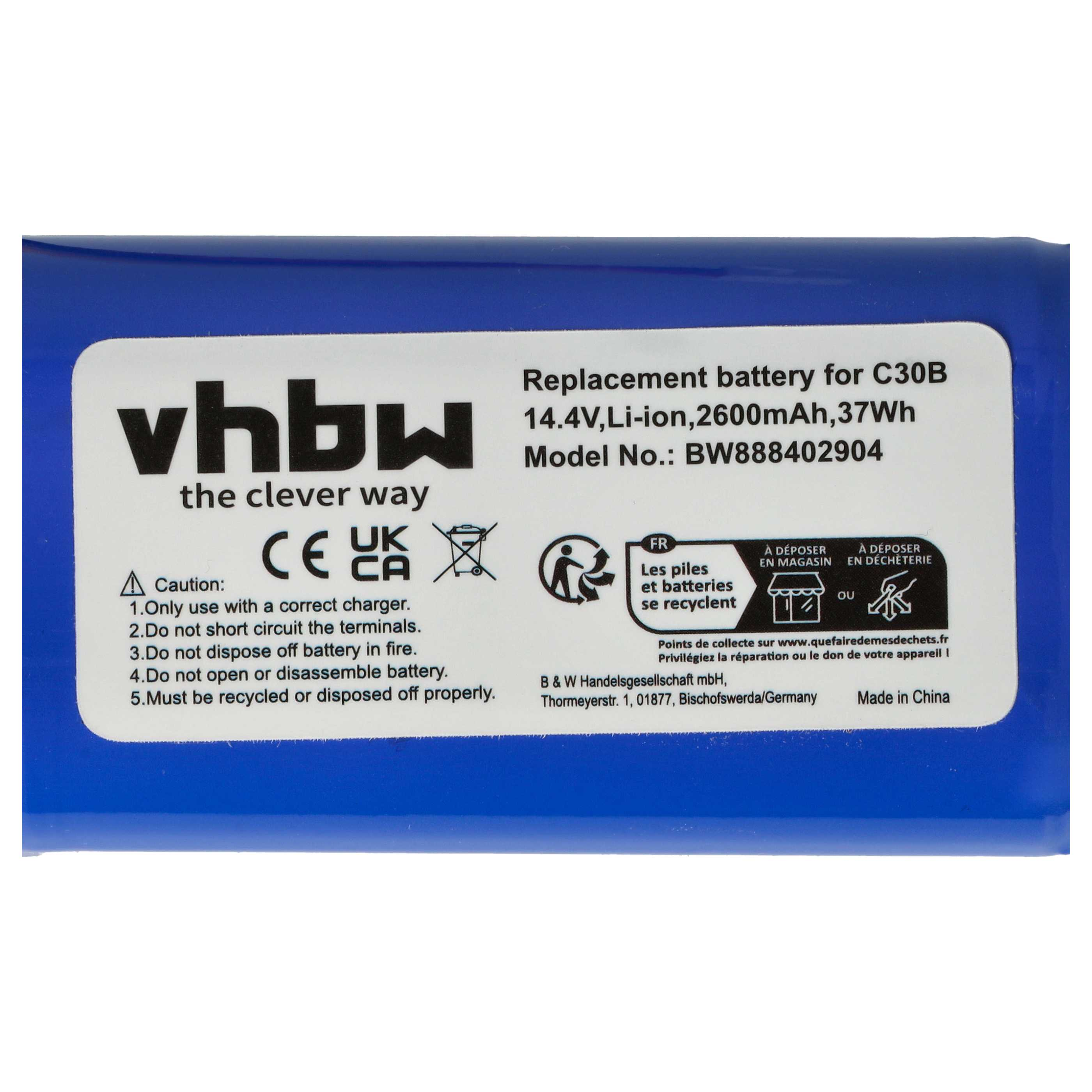 Ein blauer Akku mit weißem Text. Er hat Warnungen, Recycling-Symbole und Produktinformationen.