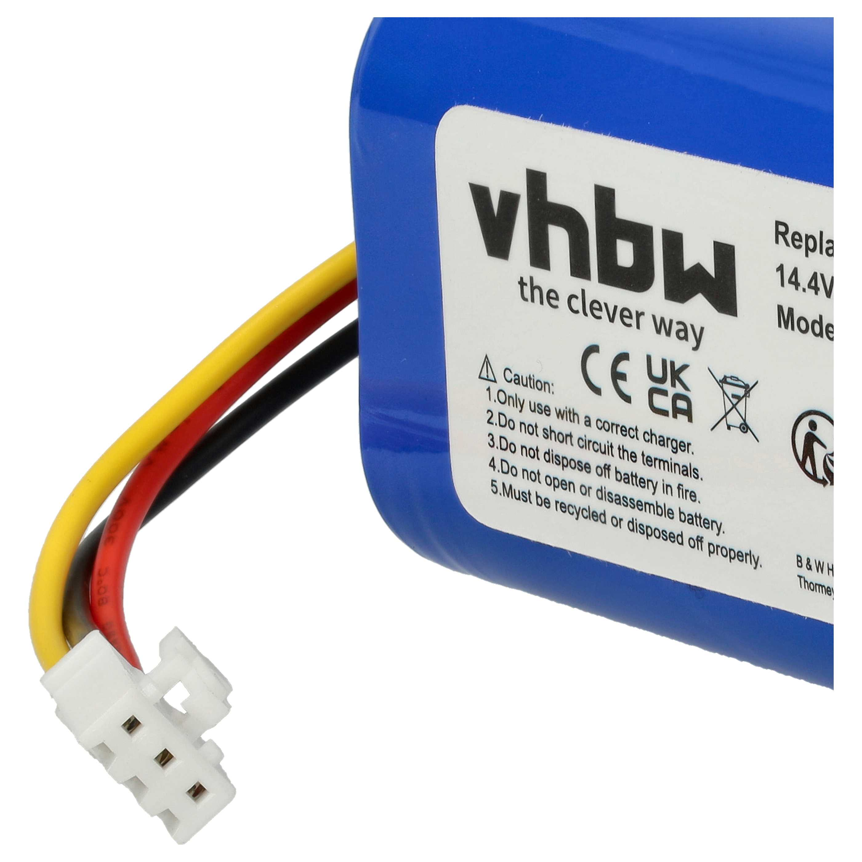 Ein blauer Akku mit weißem Etikett und einem Stecker mit gelben, roten und schwarzen Drähten.