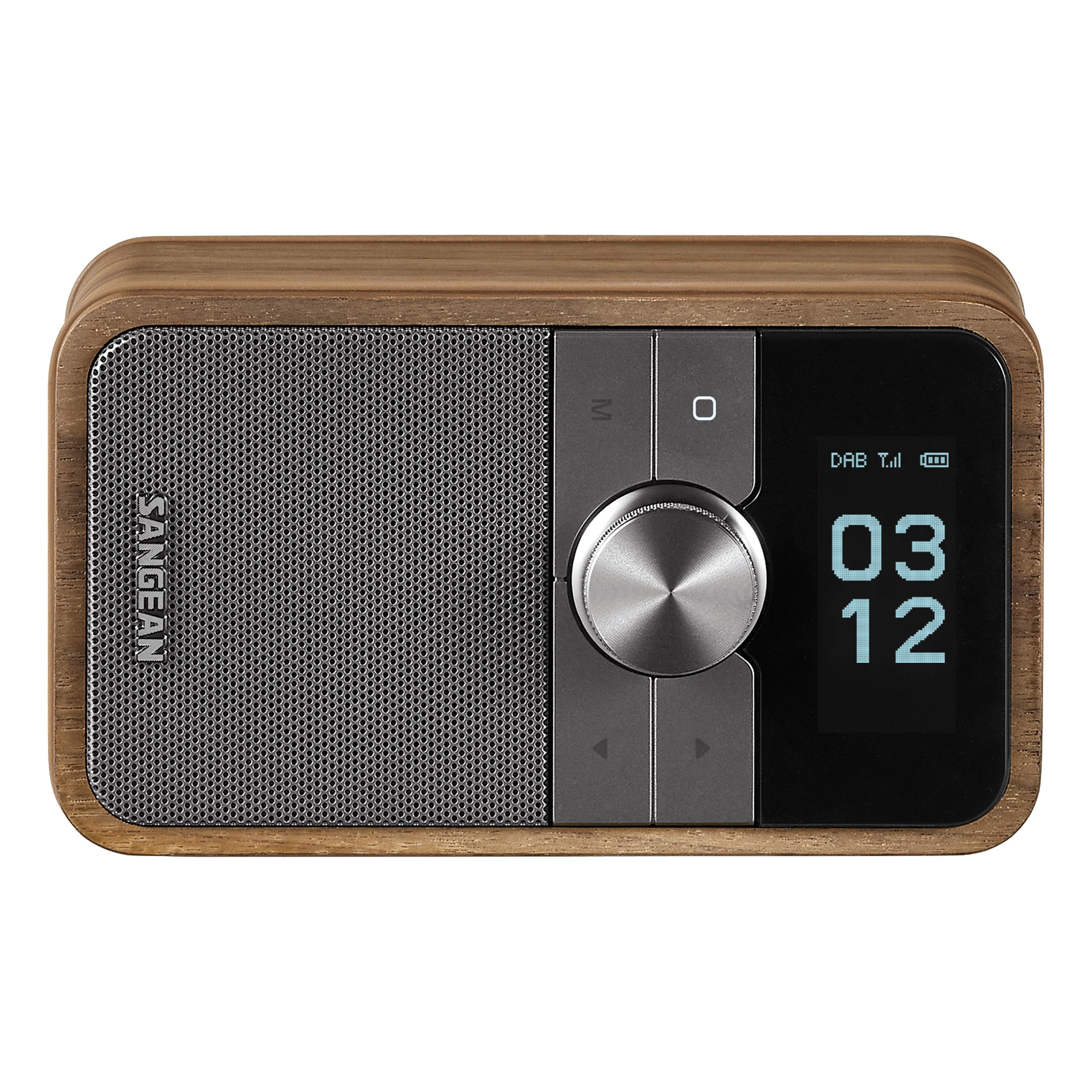 Holzradio mit Anzeige von Uhrzeit und DAB. Es hat einen Lautsprecher und Bedientasten.