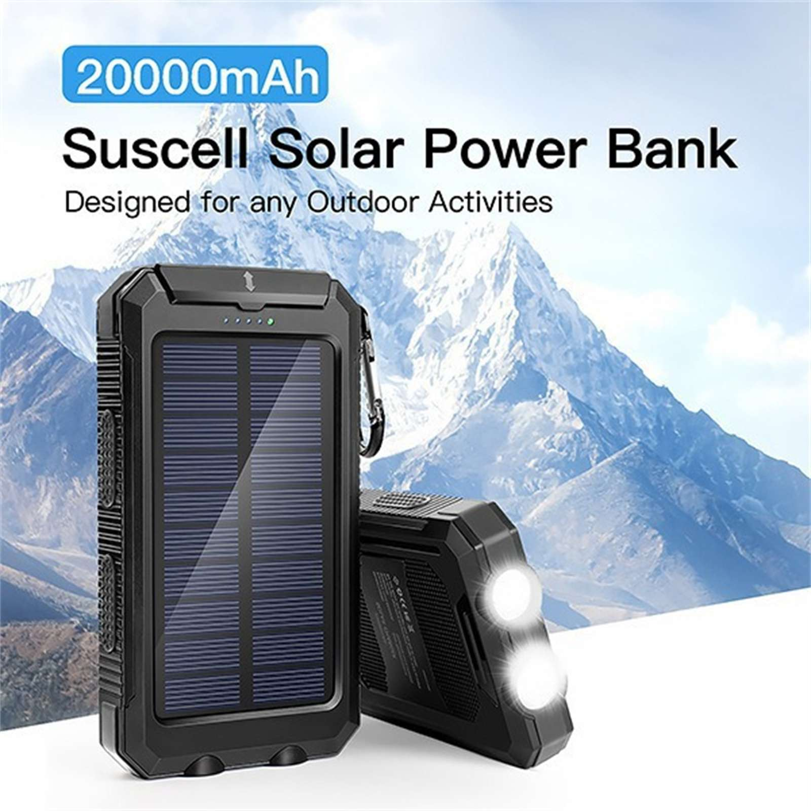 Schwarze Suscell Solar Powerbank, 20000mAh. Im Hintergrund ein Berg. Für alle Outdoor-Aktivitäten konzipiert.